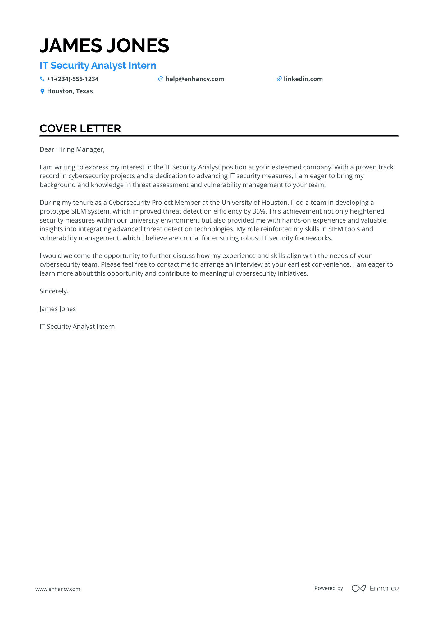 A resume example of a IT Security Analyst Intern