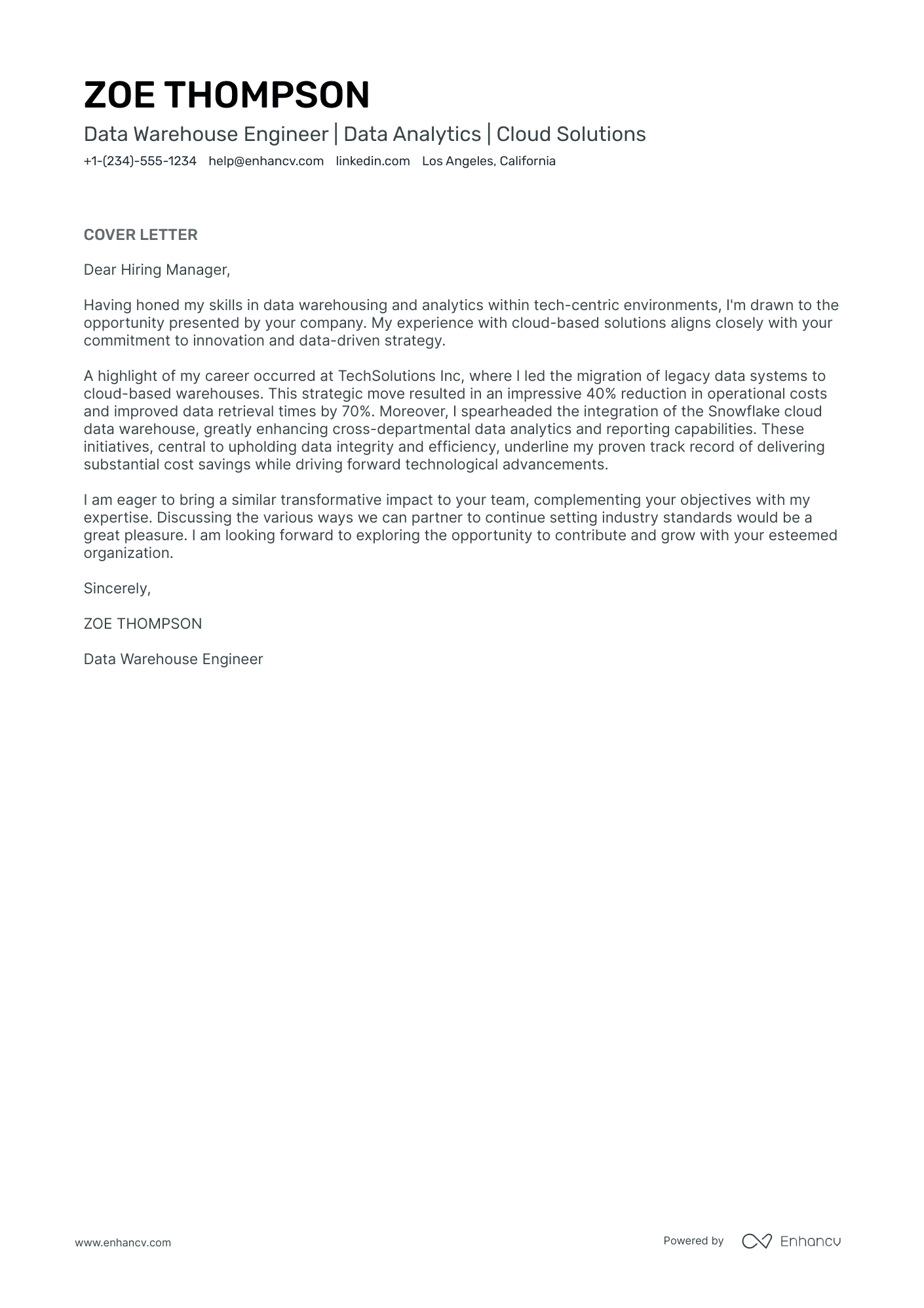 A resume example of a Data Warehouse Engineer