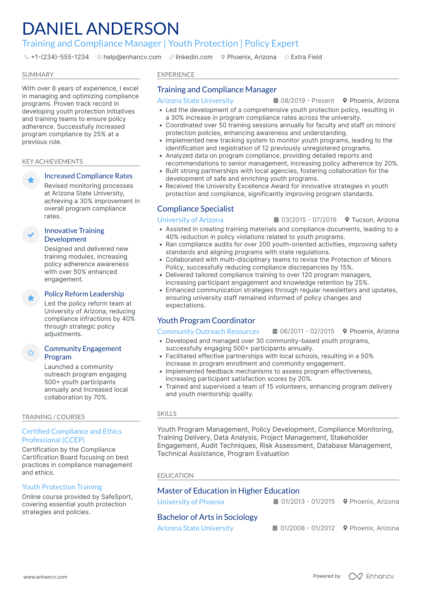 A resume example of a Compliance Training Manager