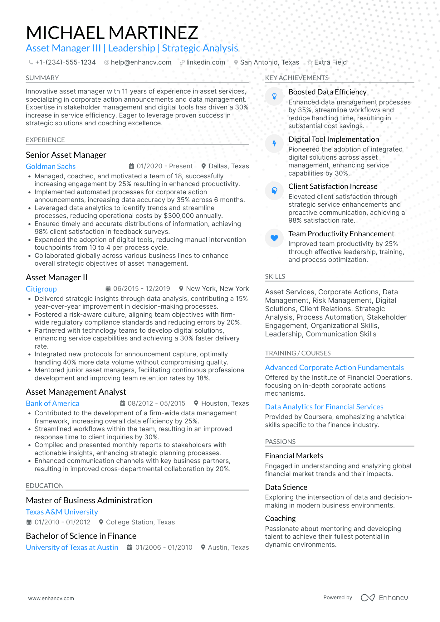 A resume example of a Bank Asset Manager