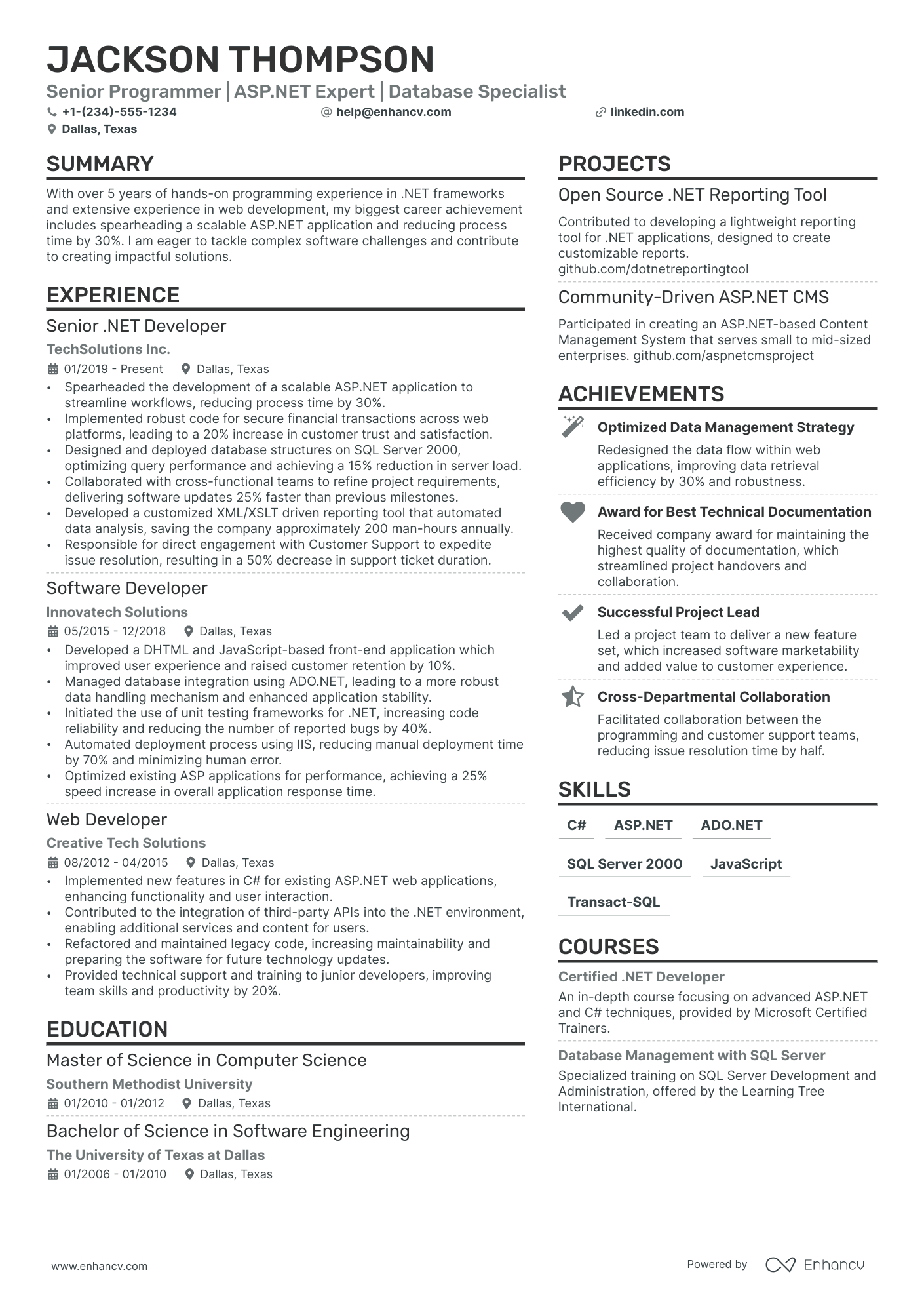 A resume example of a Asp.Net Developer