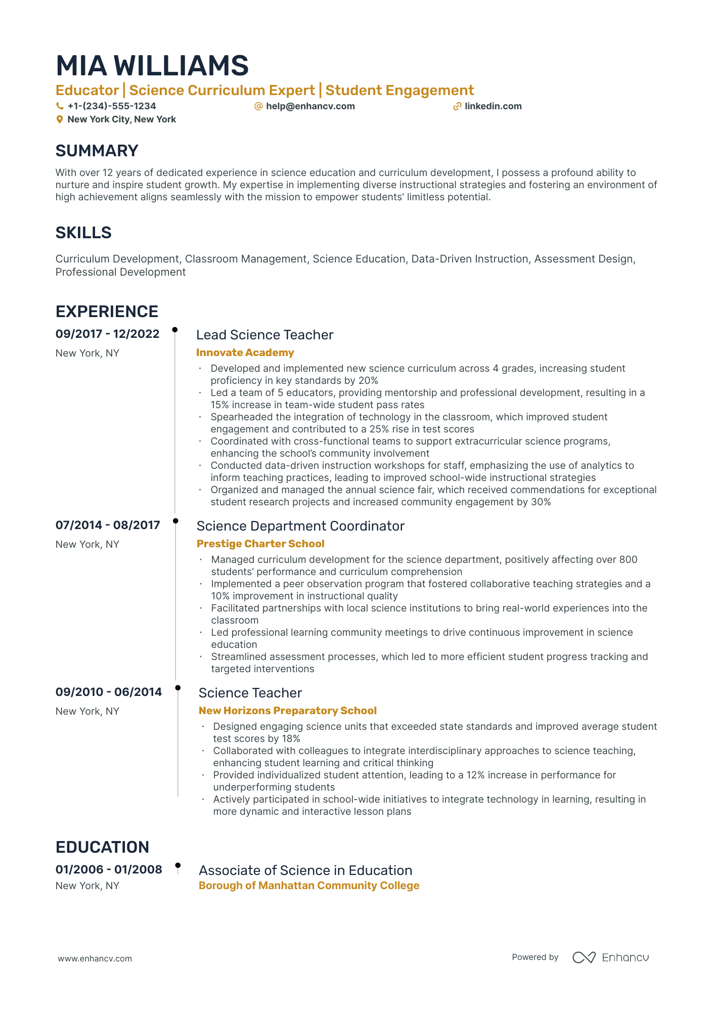 A resume example of a Timeline