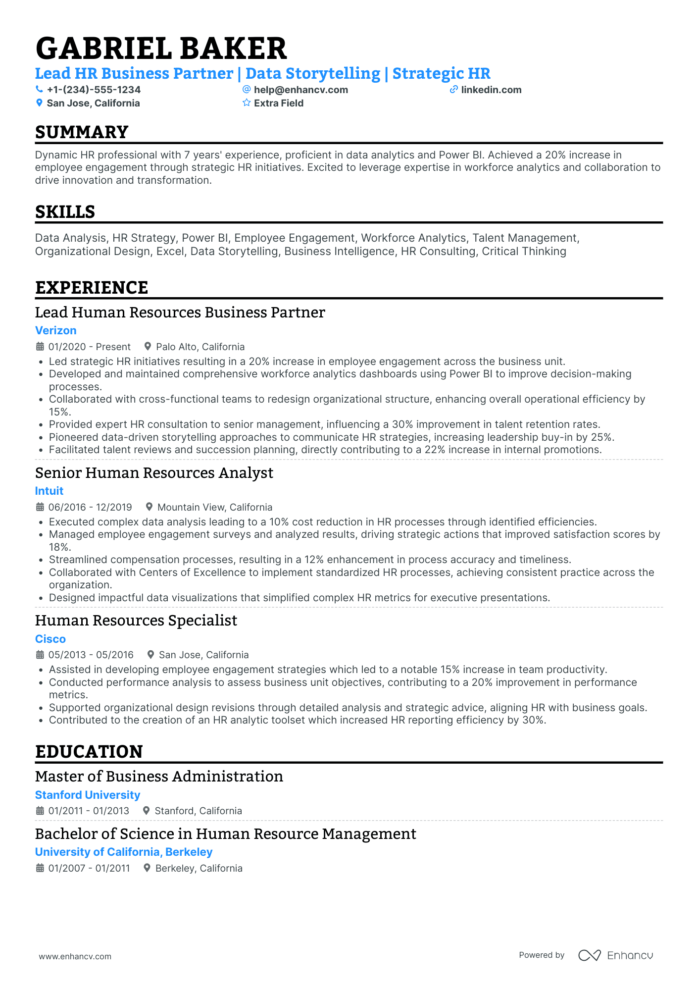 A resume example of a Lead HR Business Partner