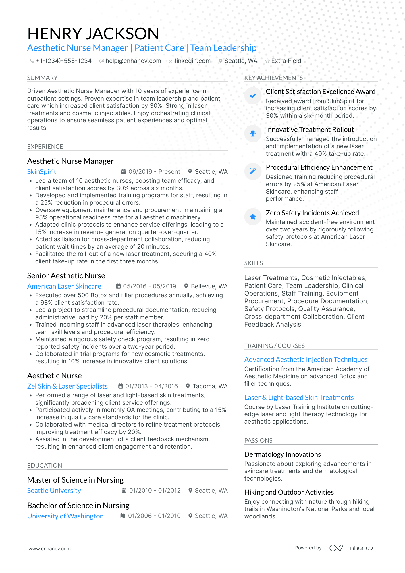A resume example of a Aesthetic Nurse Manager