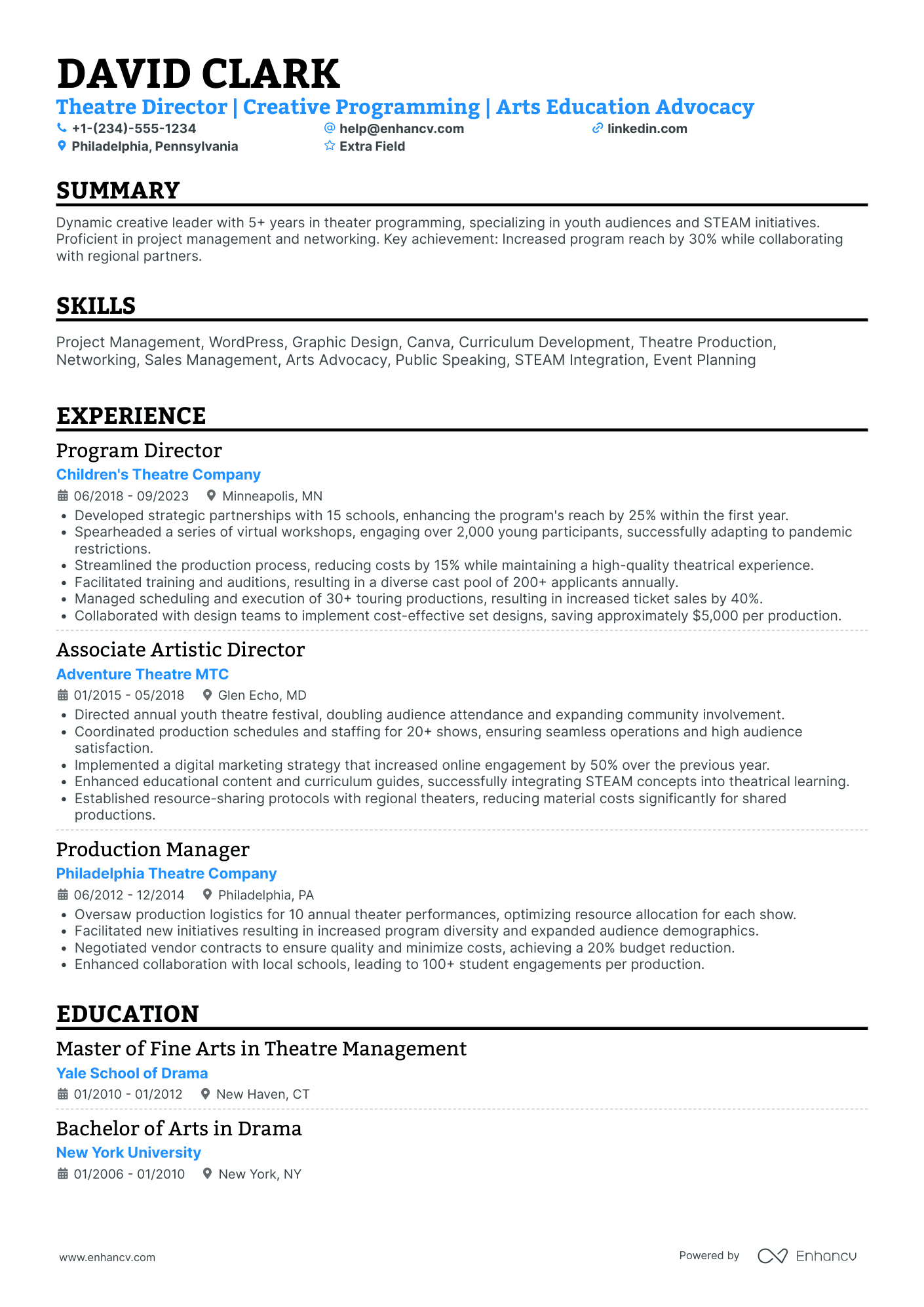 A resume example of a Theater Program Director