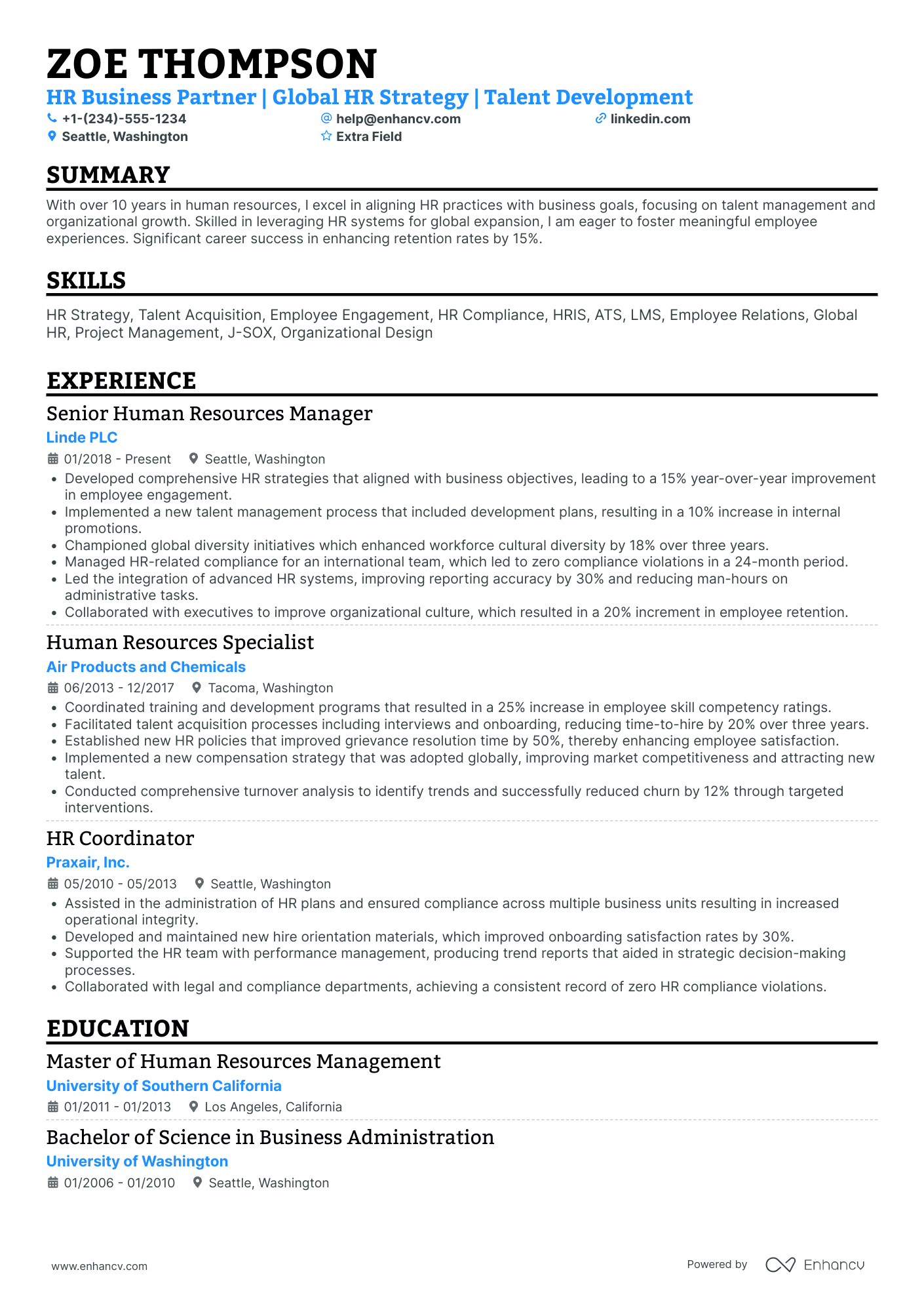 A resume example of a HR Business Partner Advisor