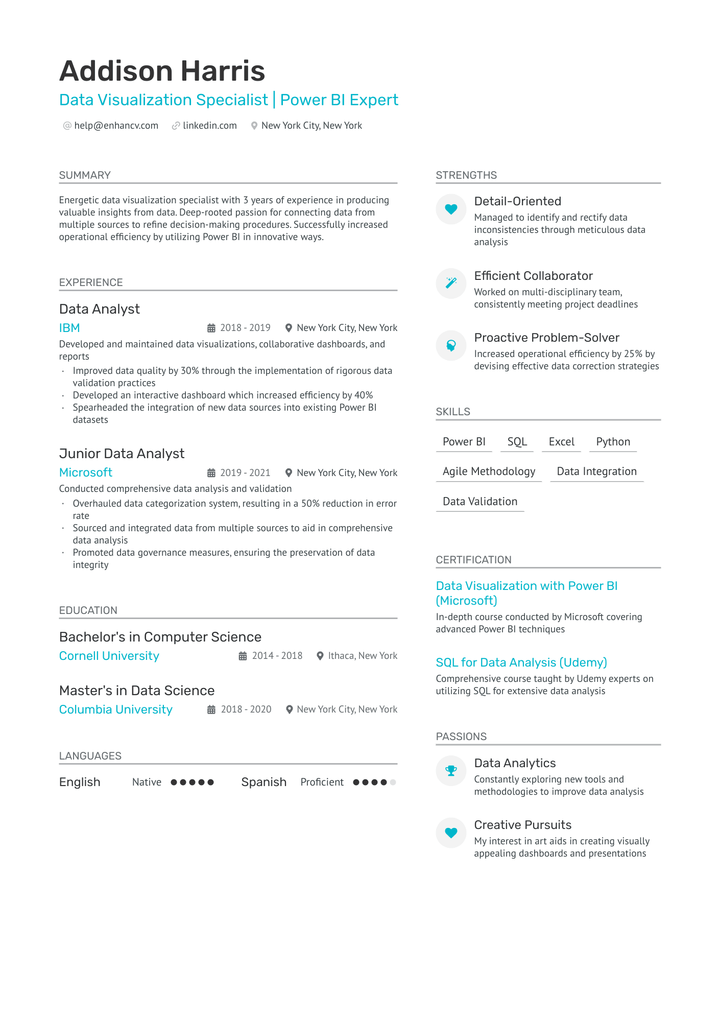 A resume example of a Junior Power BI Developer