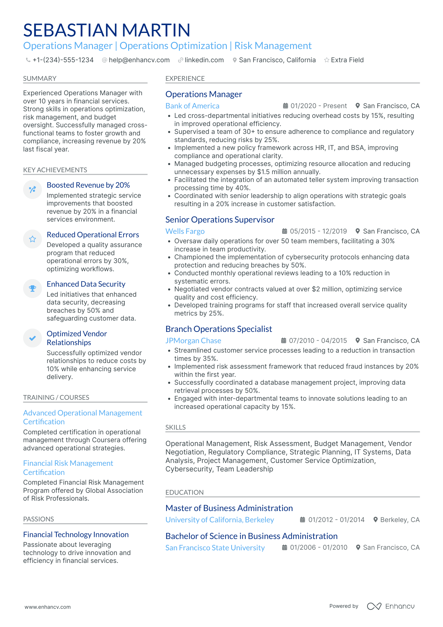A resume example of a Bank Operations Manager