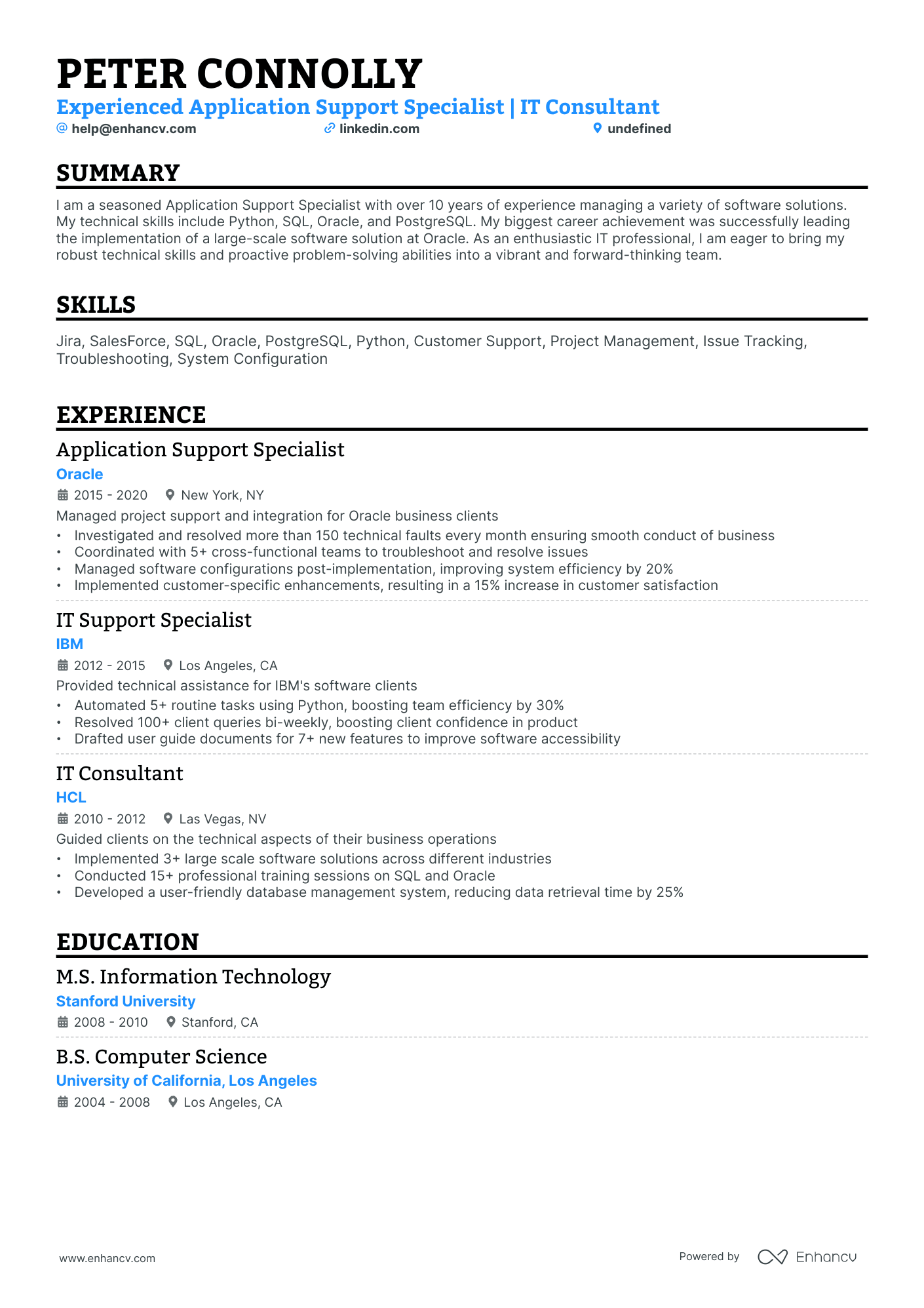 A resume example of a Single Column