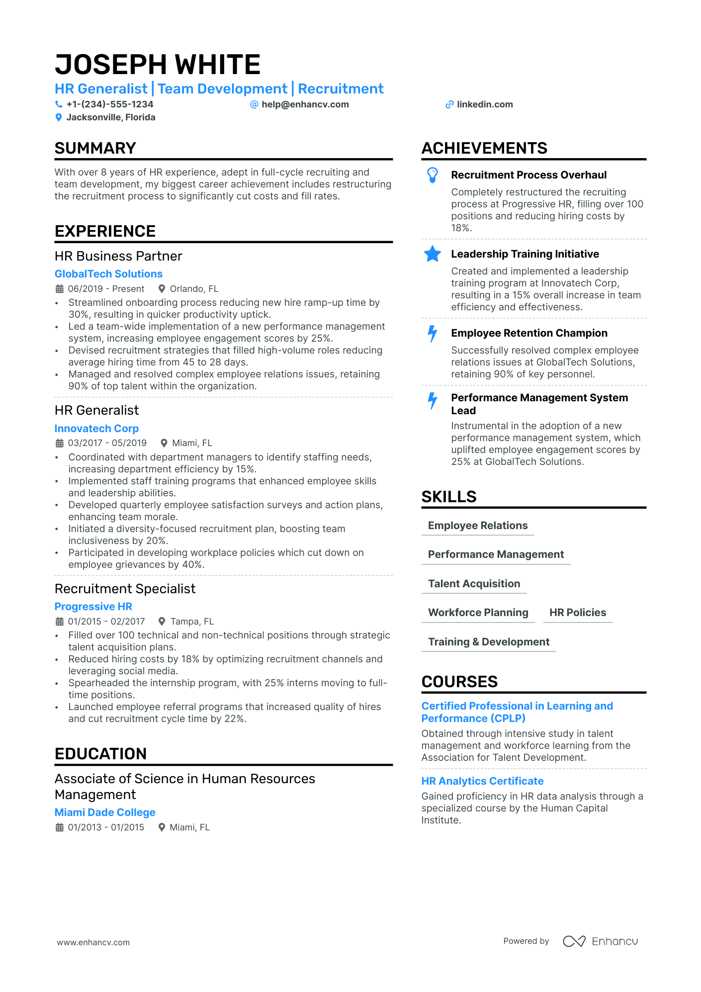 A resume example of a HR Generalist