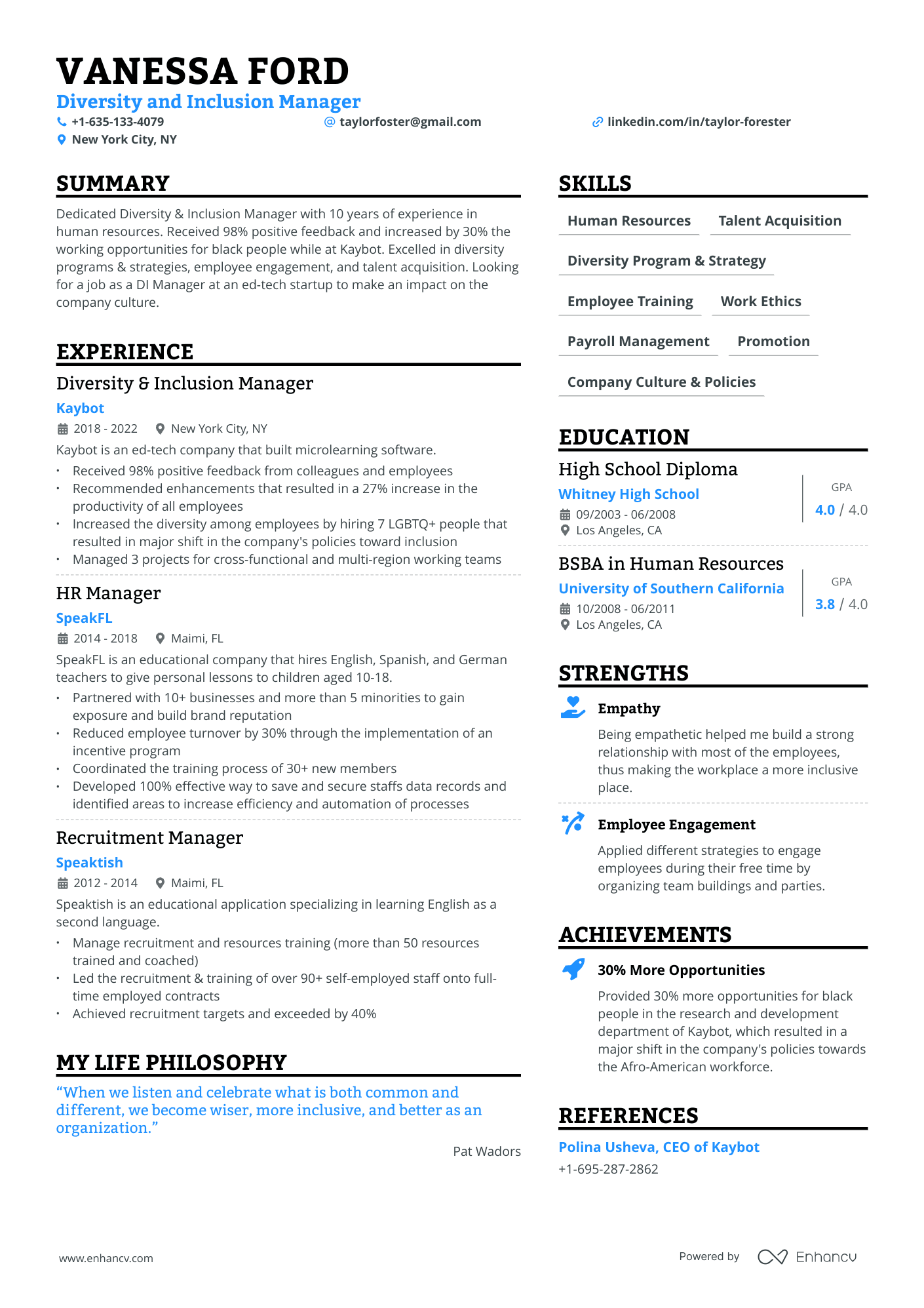 A resume example of a Diversity And Inclusion Manager
