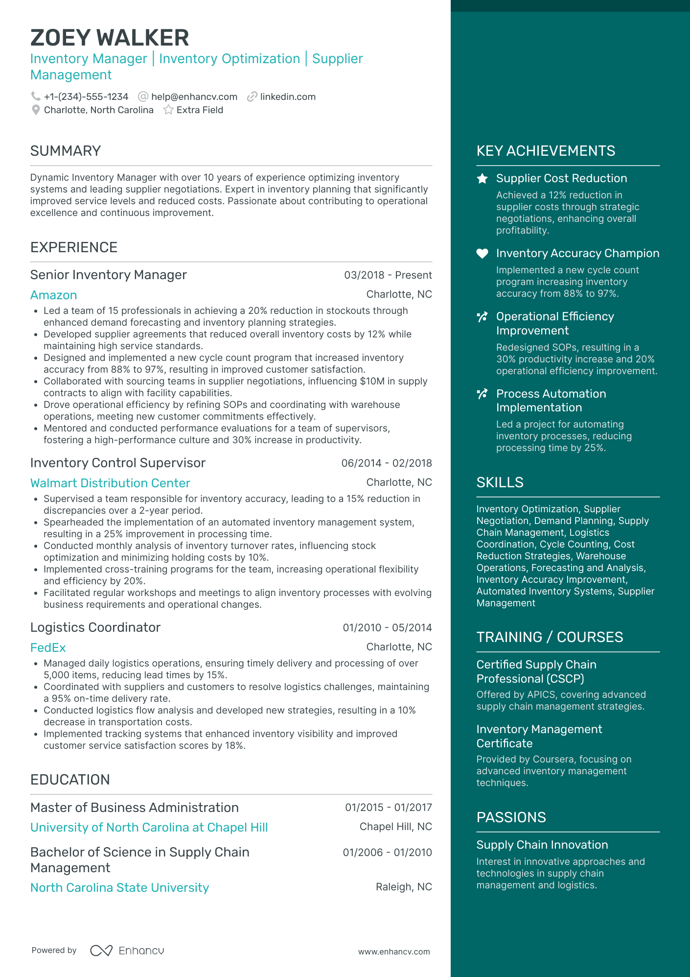 A resume example of a Factory Inventory Manager