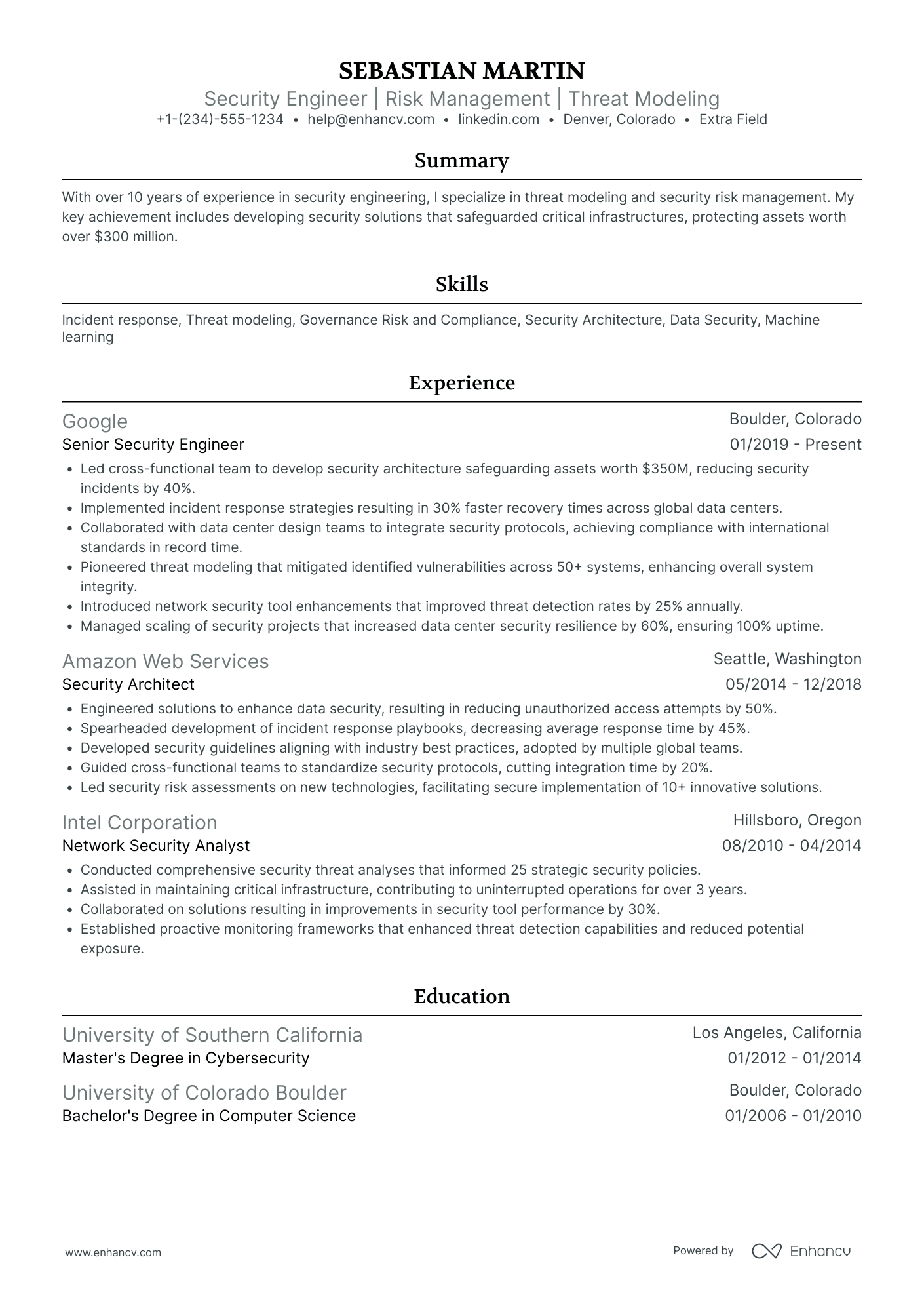 A resume example of a Facebook Security Engineer