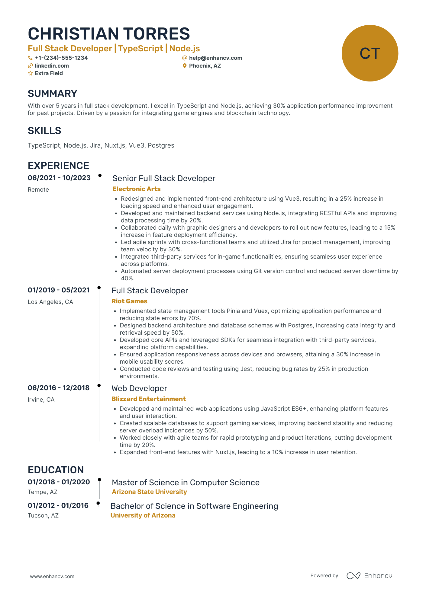 A resume example of a Blockchain Full Stack Developer