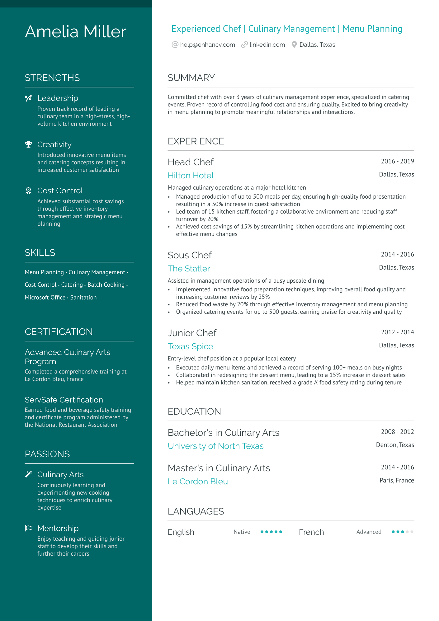 A resume example of a Catering Chef