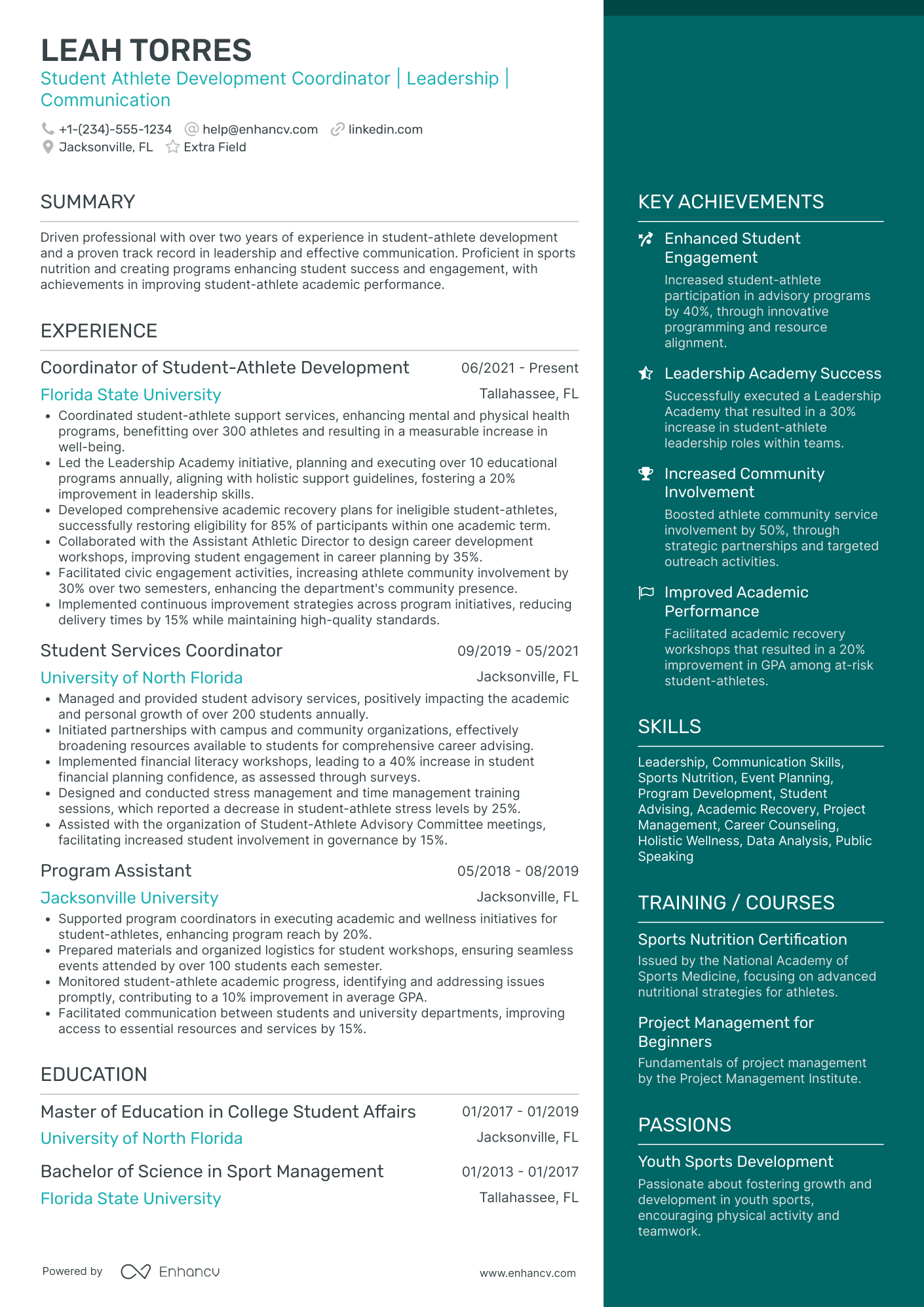 A resume example of a Athlete Development Coordinator