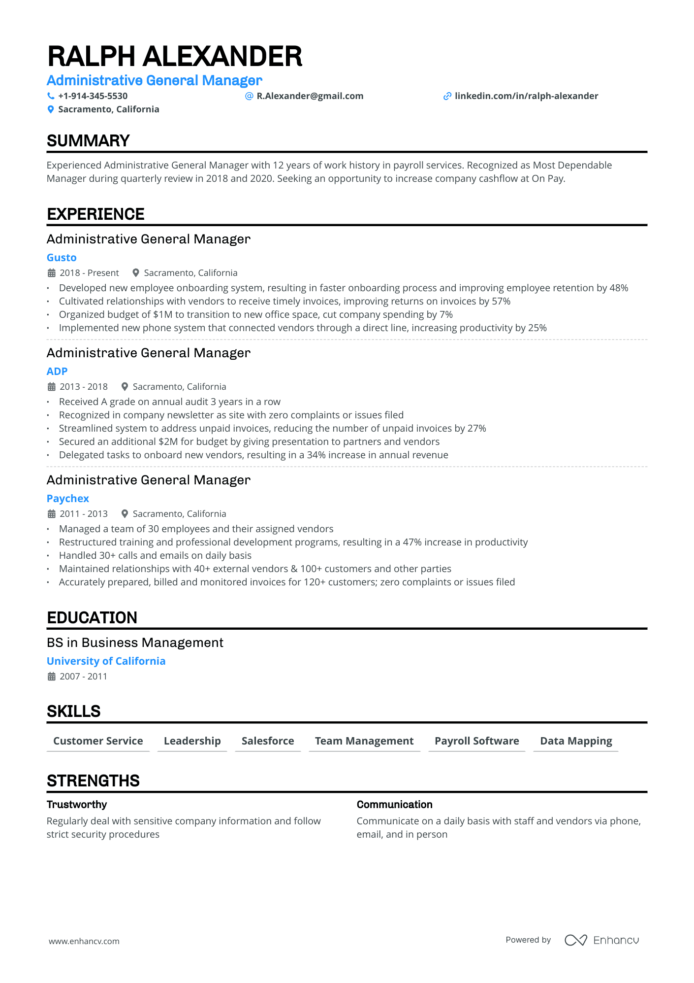 A resume example of a Adiminstrative General Manager