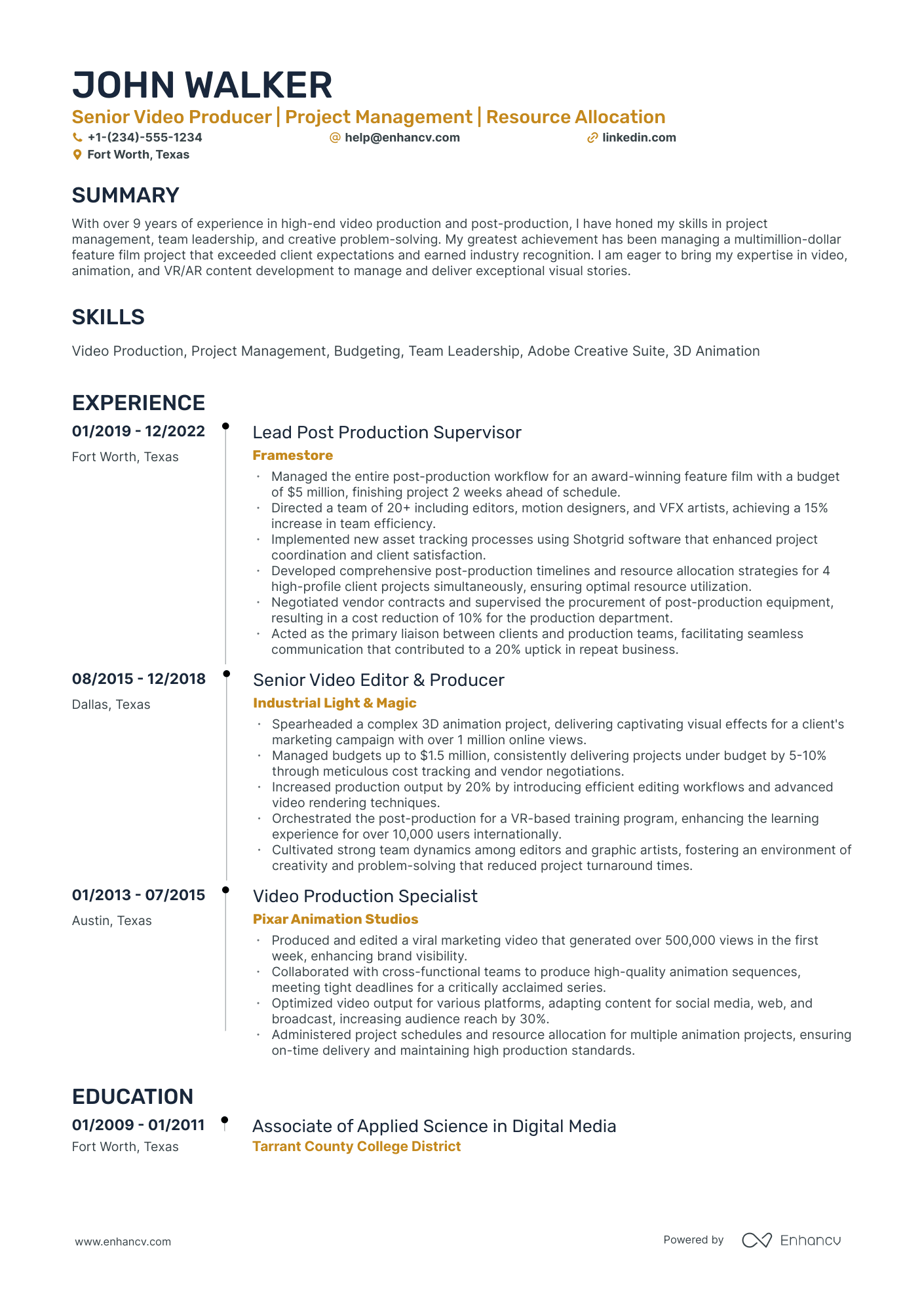 A resume example of a Timeline