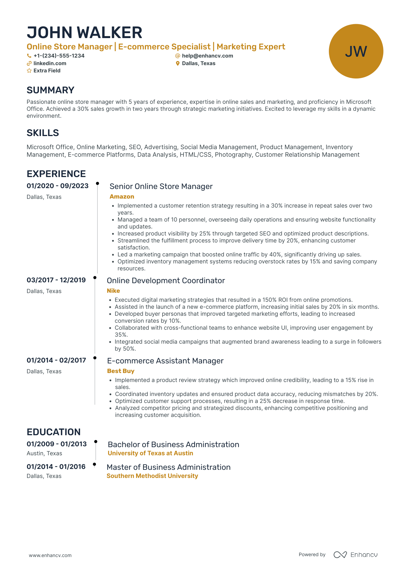 A resume example of a Online Store Manager