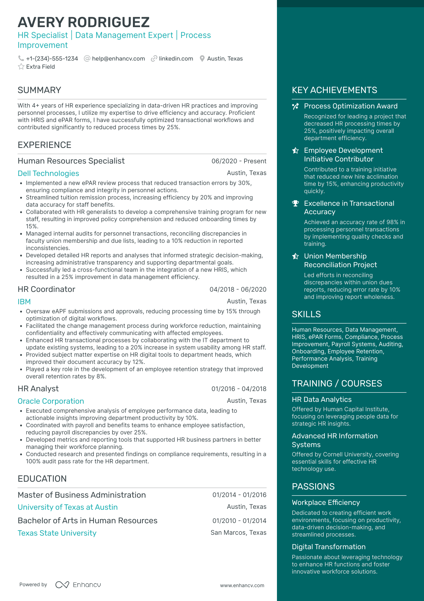A resume example of a HR Specialist