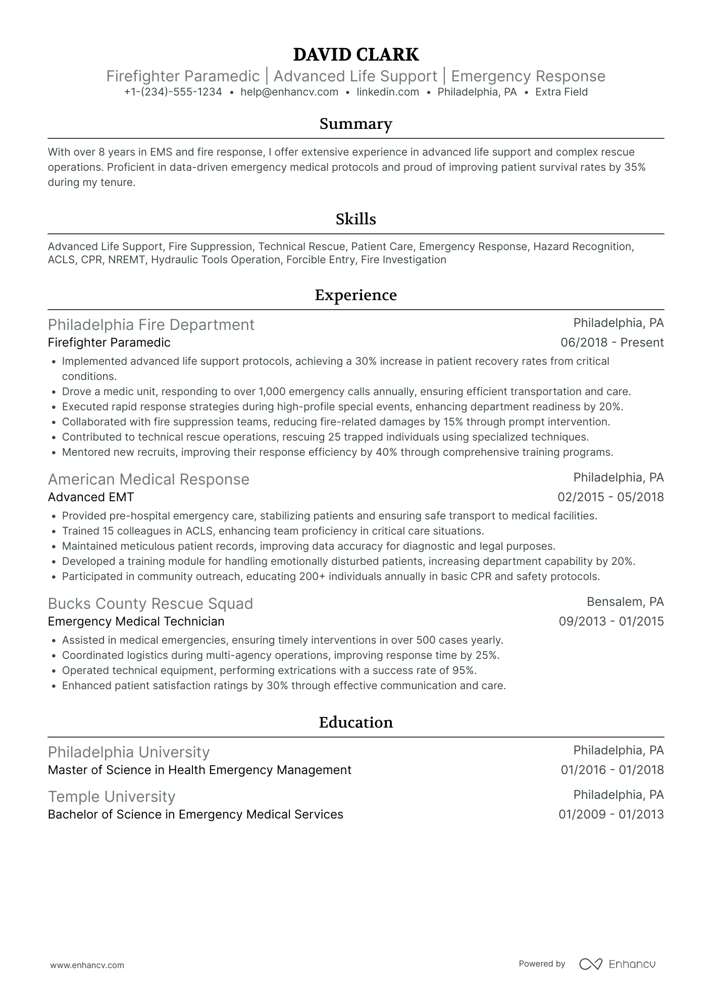 A resume example of a Firefighter Paramedic