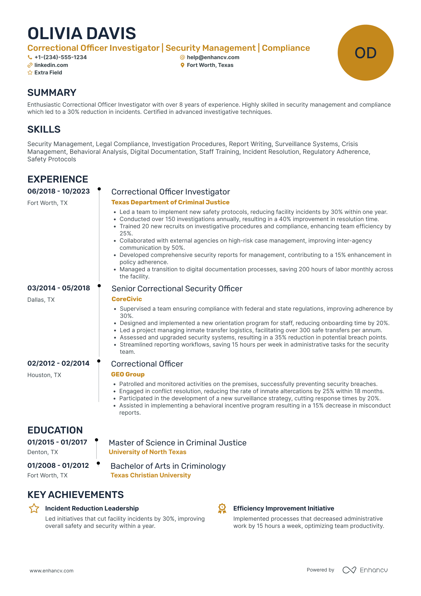 A resume example of a Correctional Officer Investigator