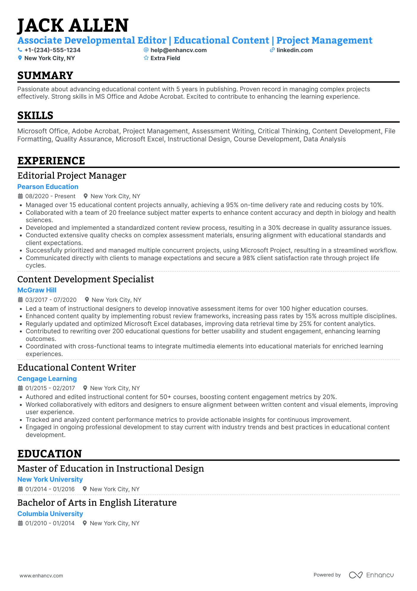 A resume example of a Developmental Editor