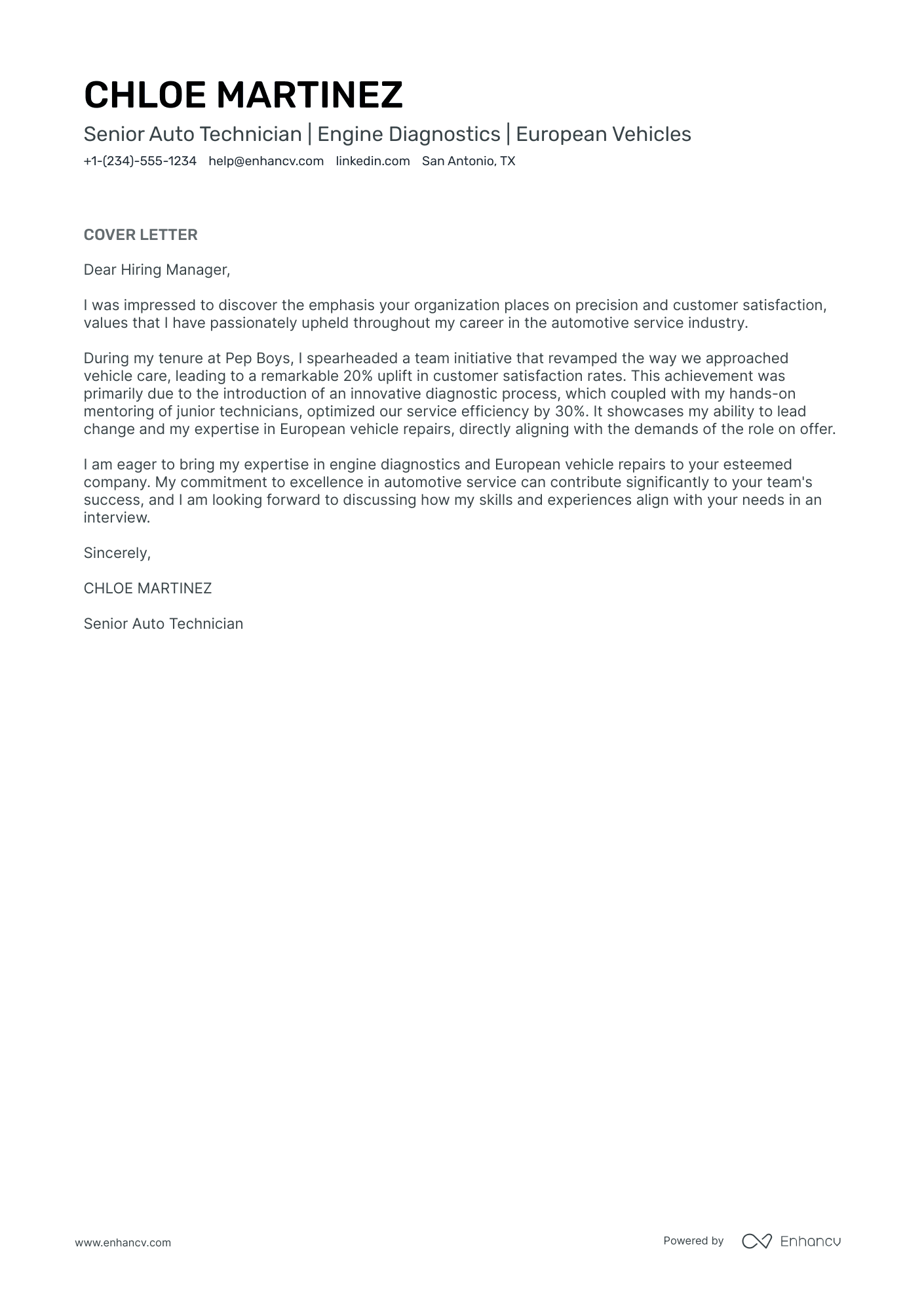 A resume example of a Automotive Technician