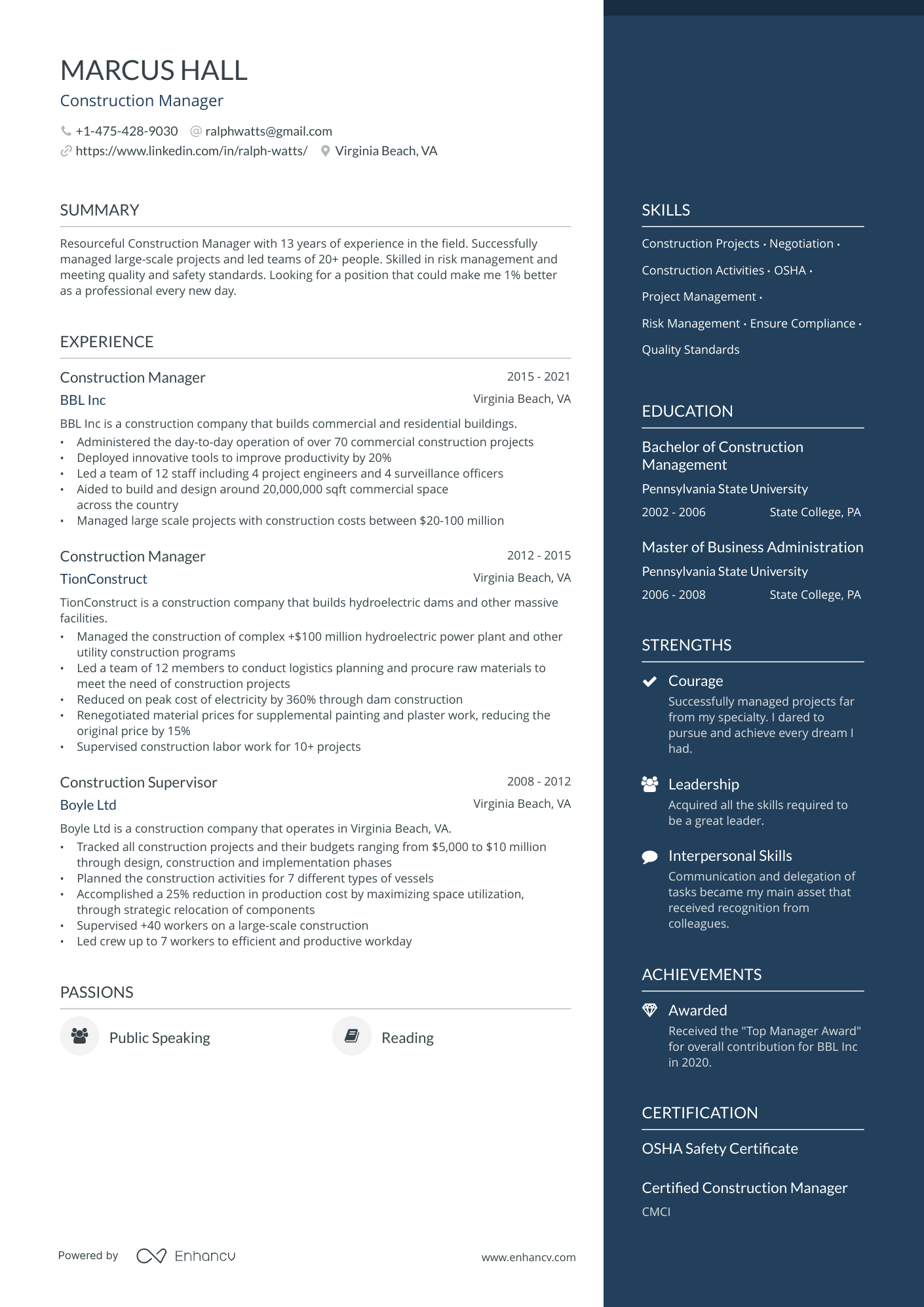 A resume example of a Construction General Manager