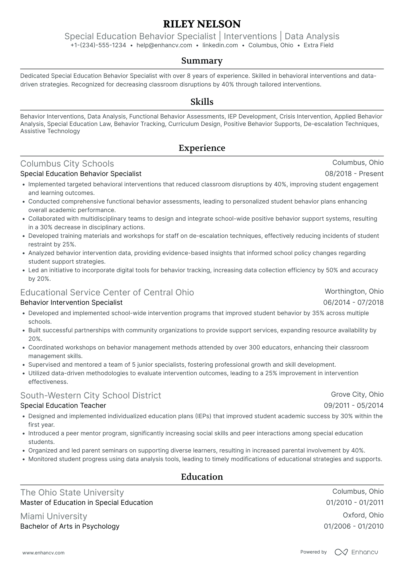 A resume example of a Special Education Behavior Specialist