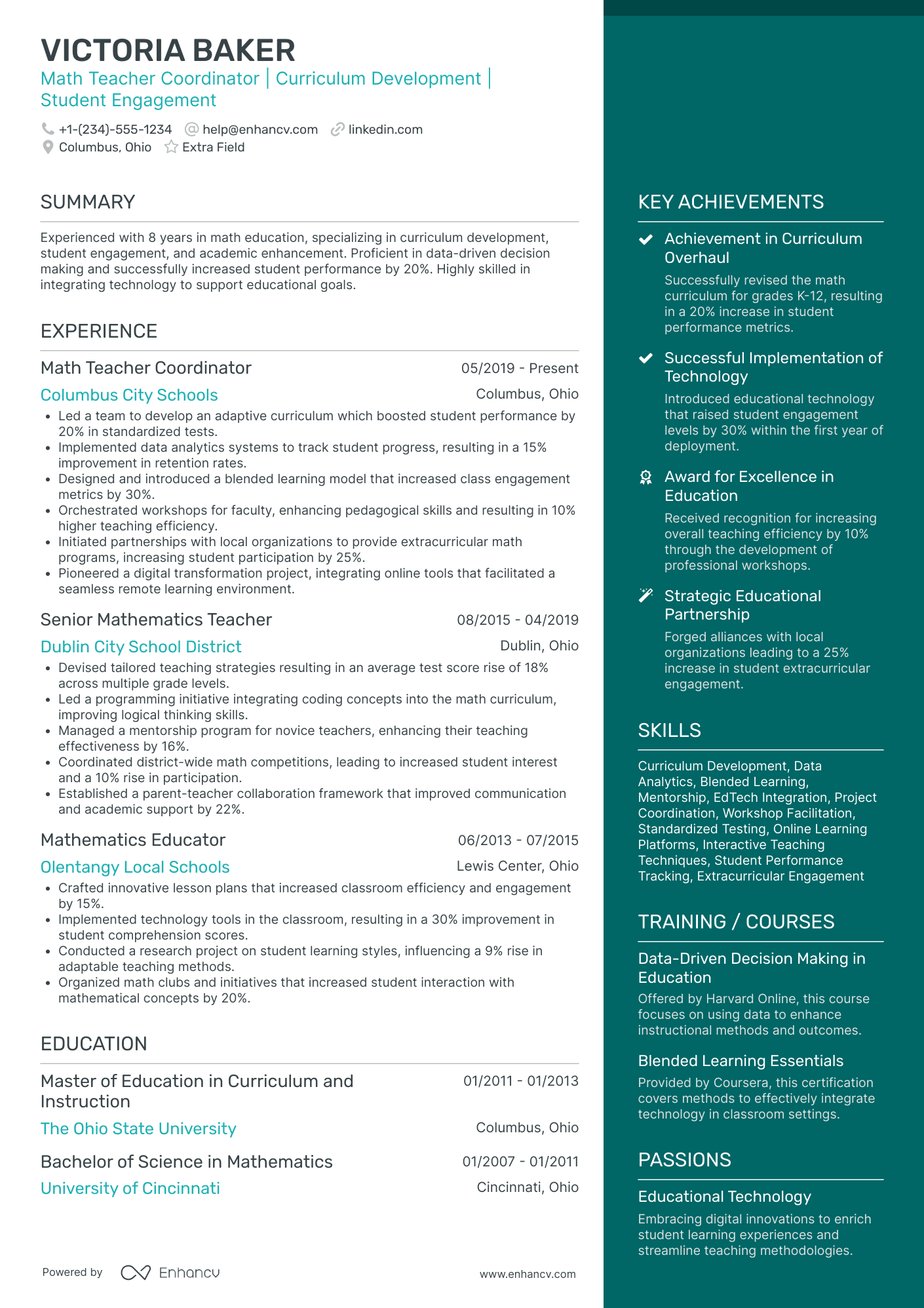 A resume example of a Math Teacher Coordinator