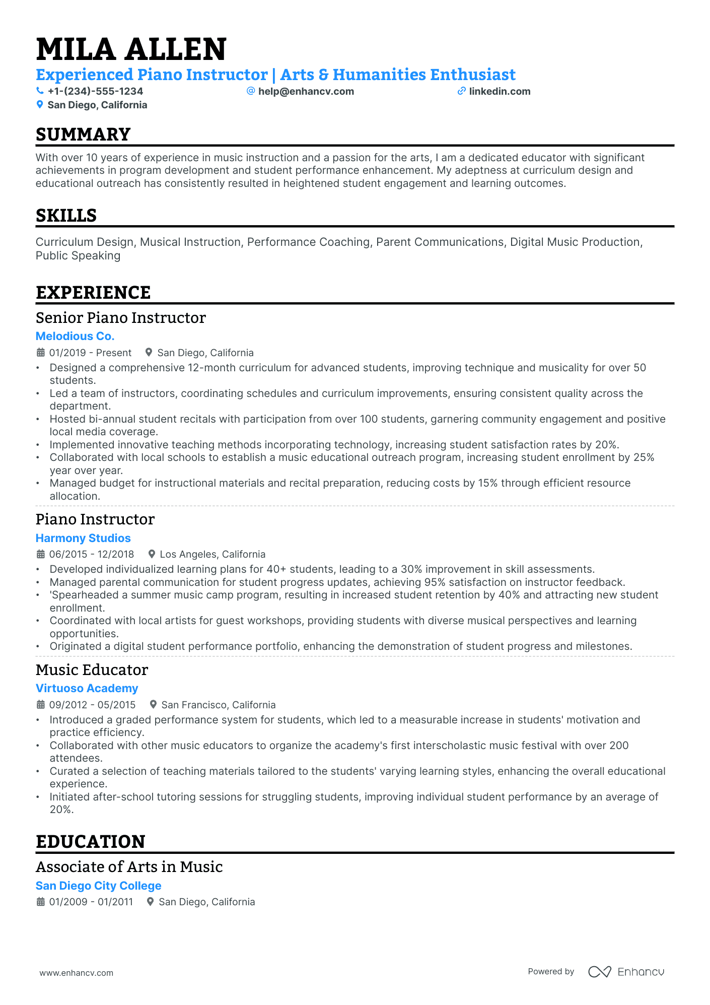A resume example of a Single Column