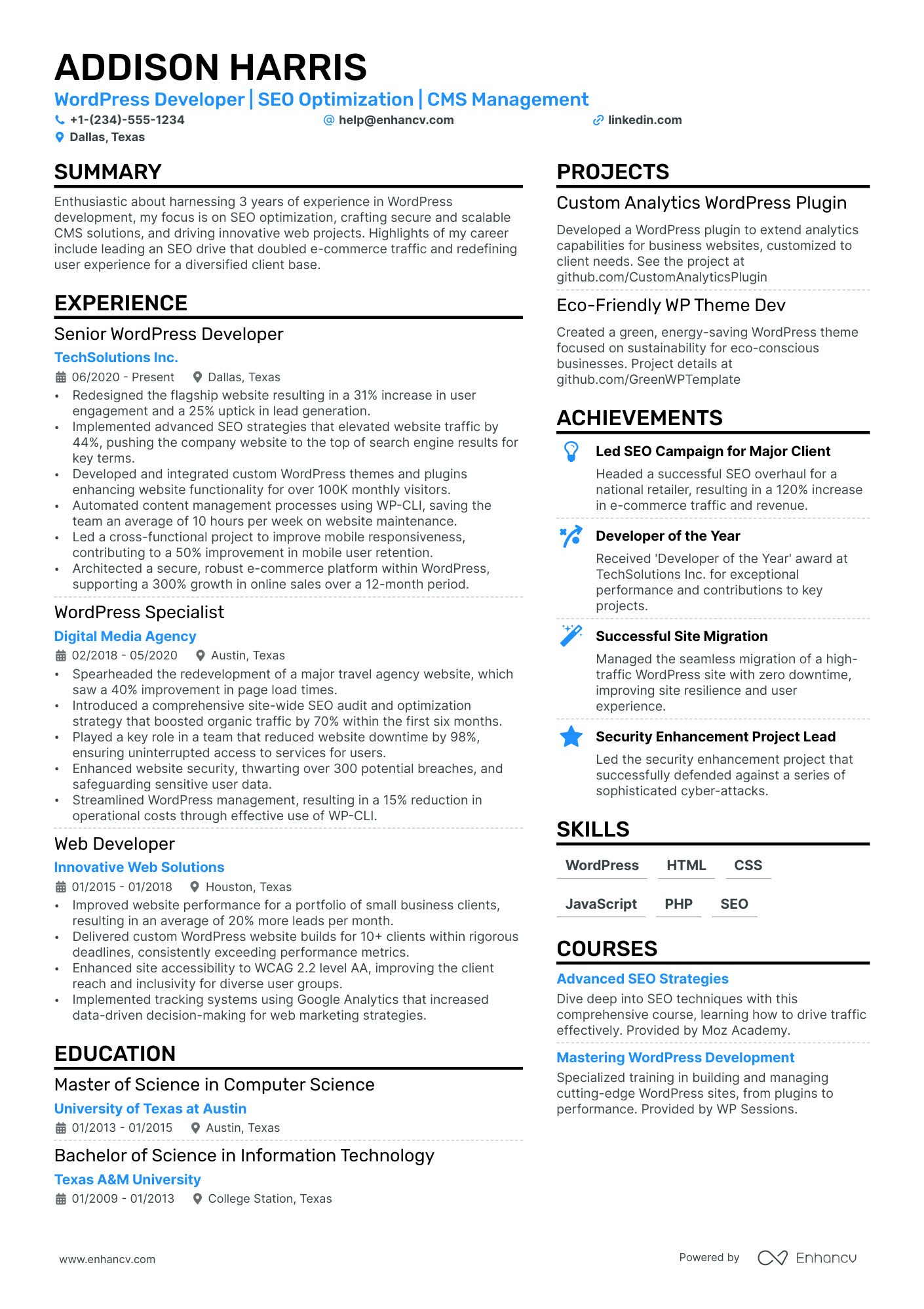 A resume example of a Wordpress Developer
