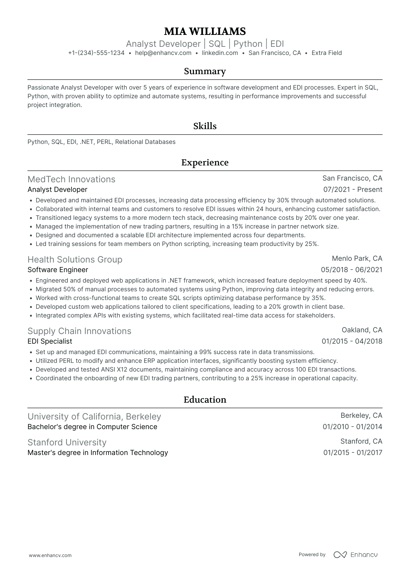 A resume example of a Web Developer Analyst
