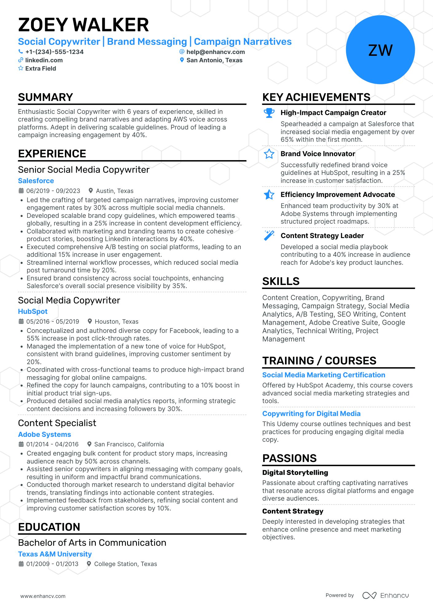 A resume example of a Social Media Marketing Copywriter