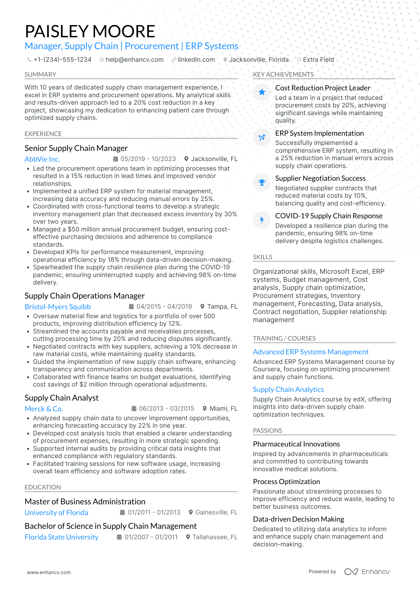 A resume example of a Store Supply Chain Manager