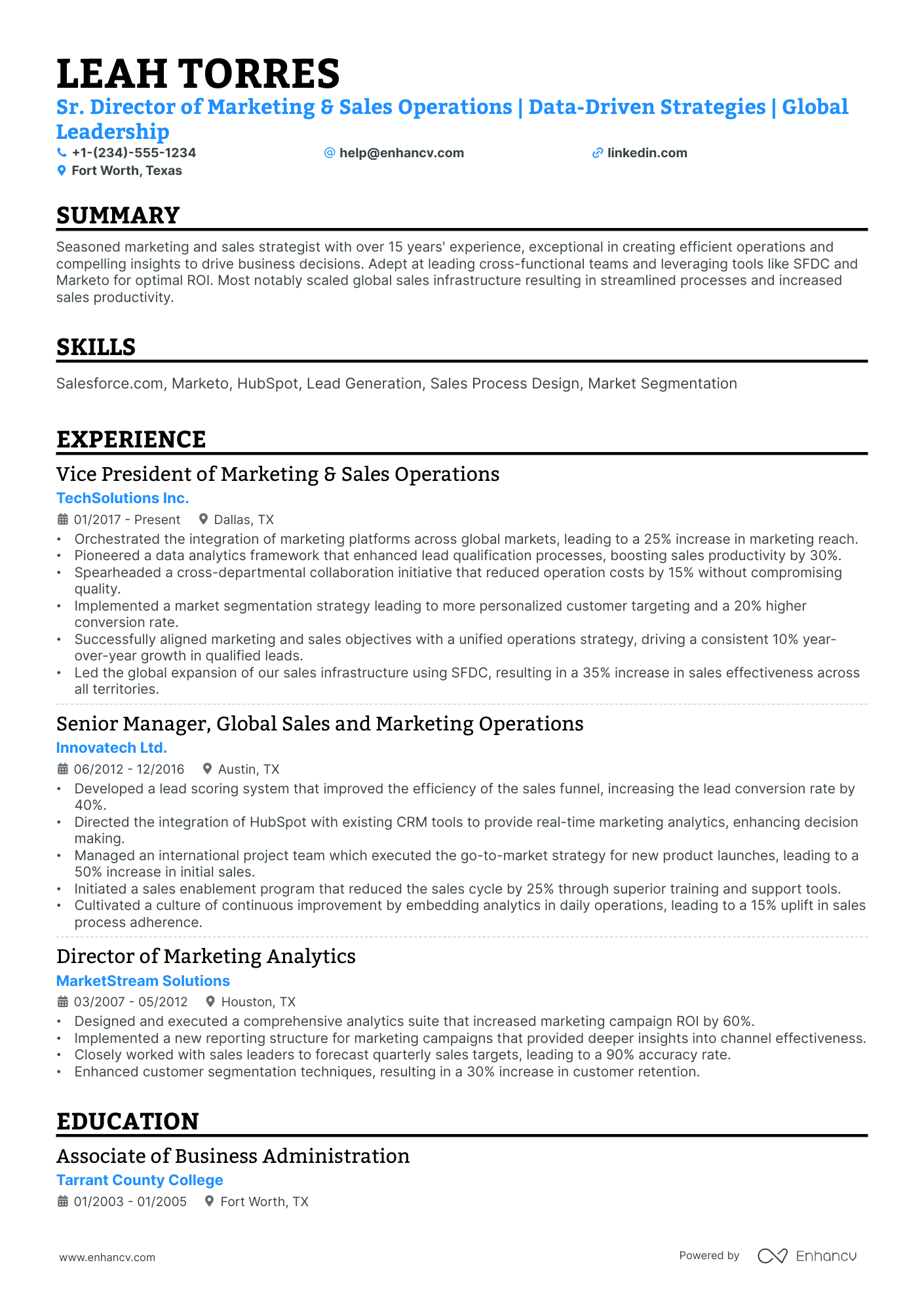 A resume example of a Single Column