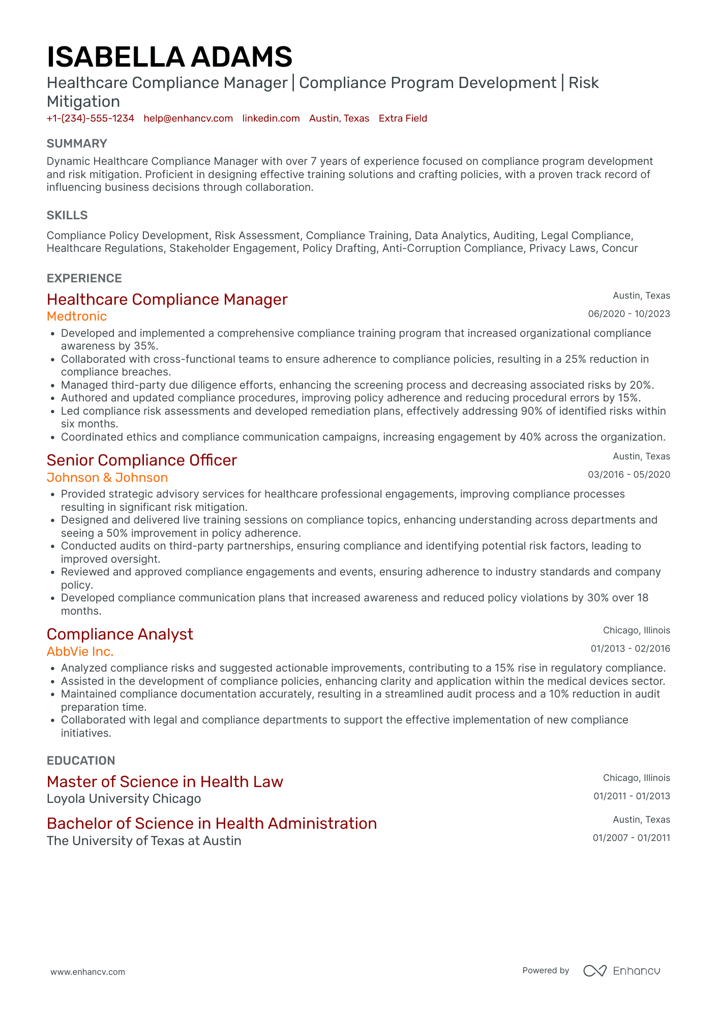 A resume example of a Healthcare Compliance Manager