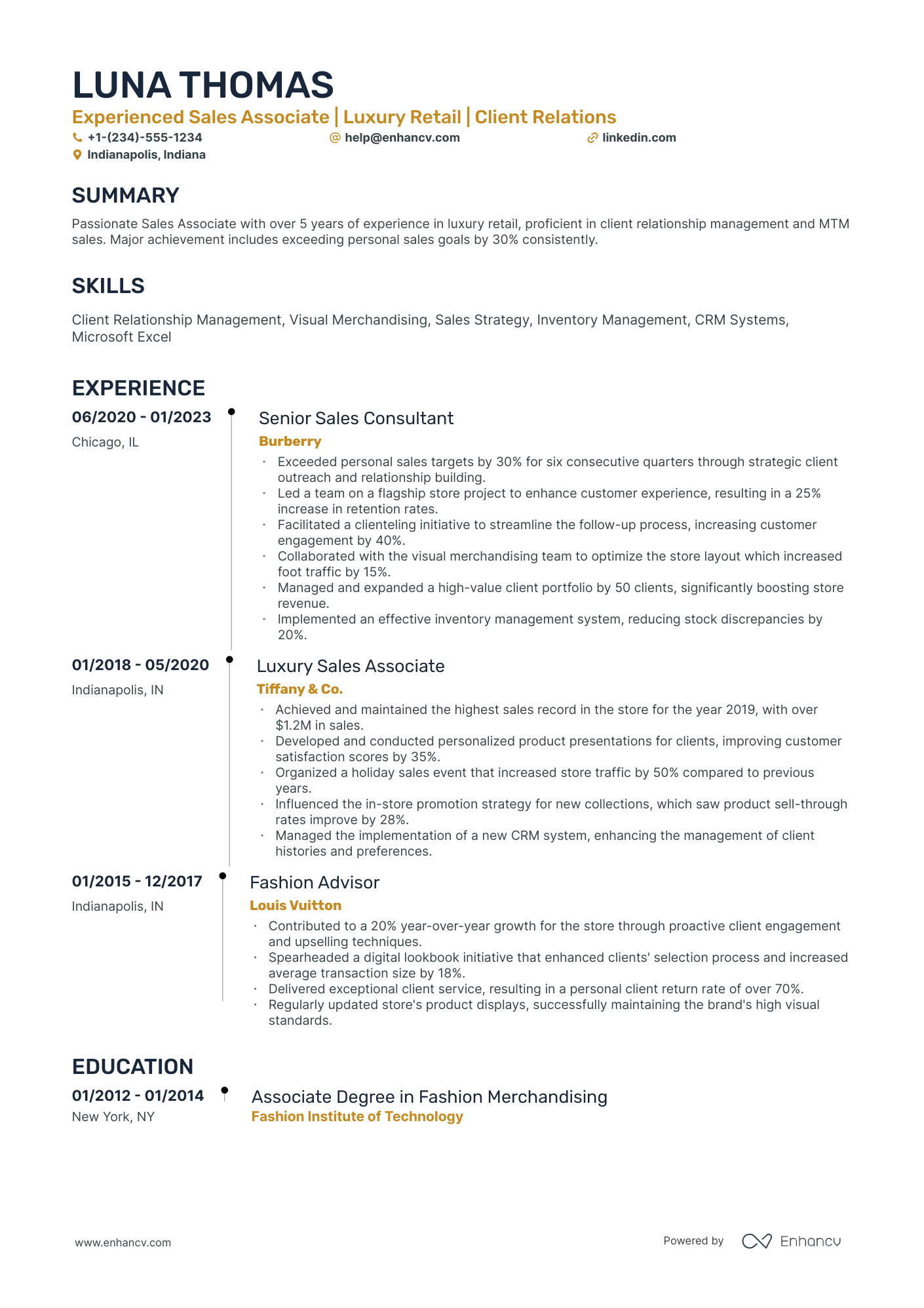 A resume example of a Timeline