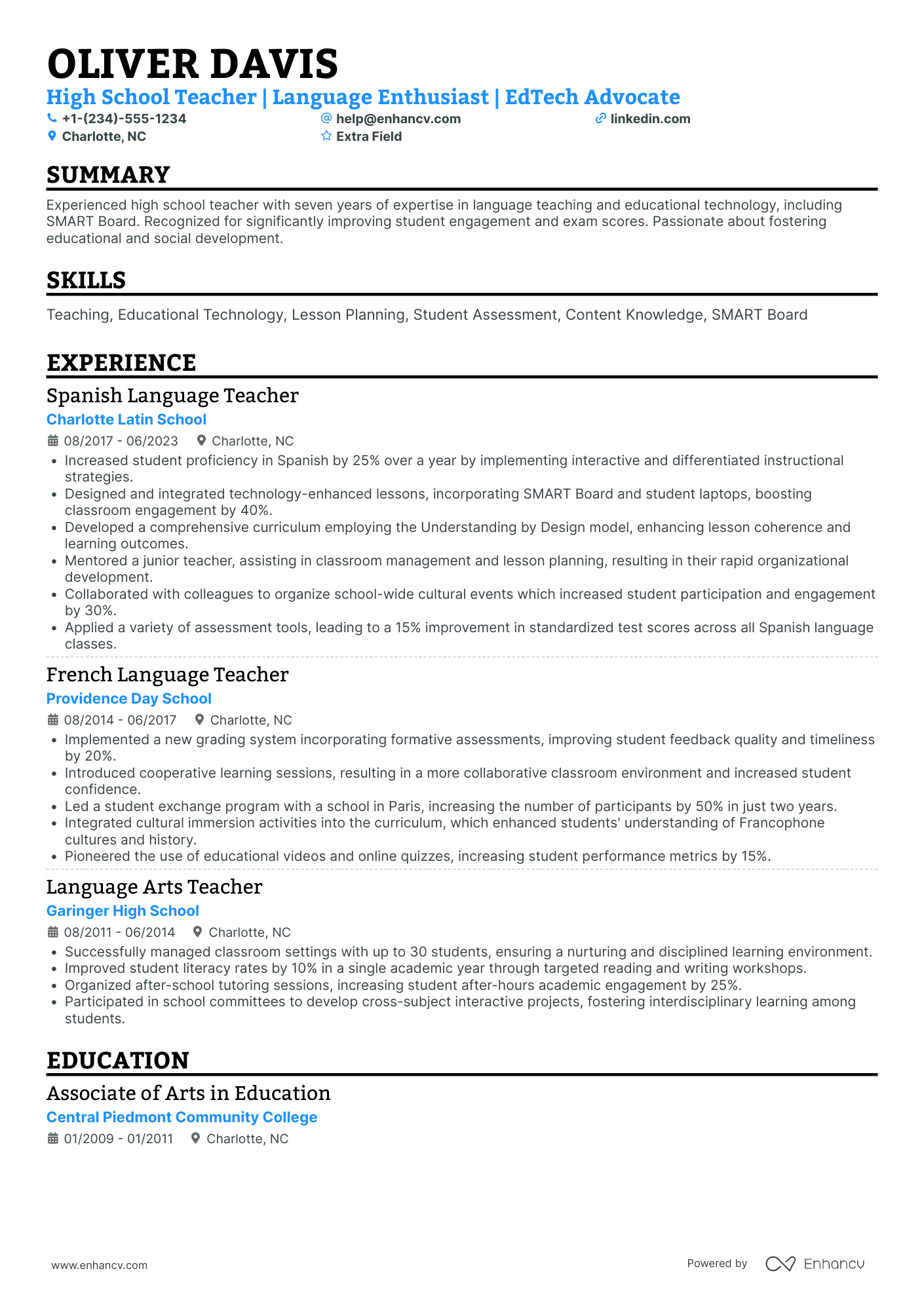 A resume example of a High School Foreign Language Teacher