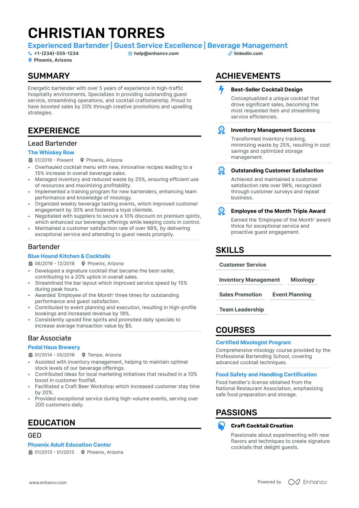 A resume example of a Hotel Bartender
