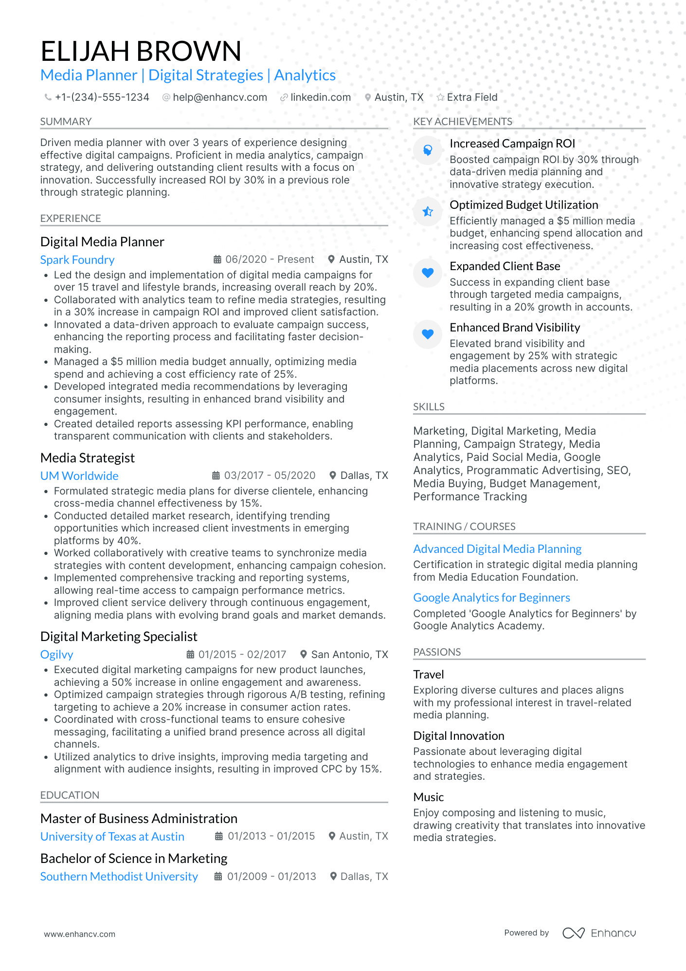 A resume example of a Advertising Media Planner