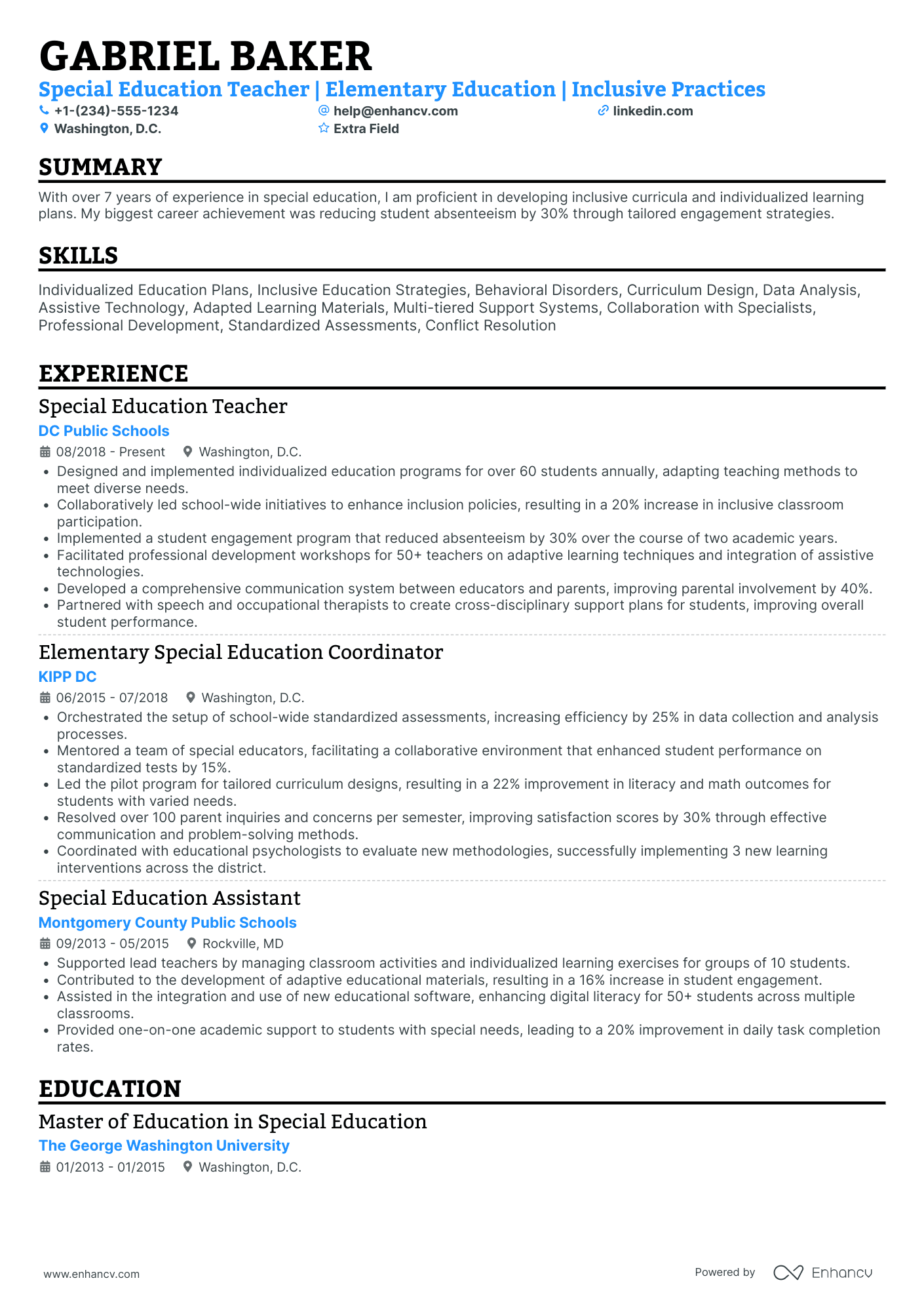 A resume example of a Special Education Teacher for Elementary School