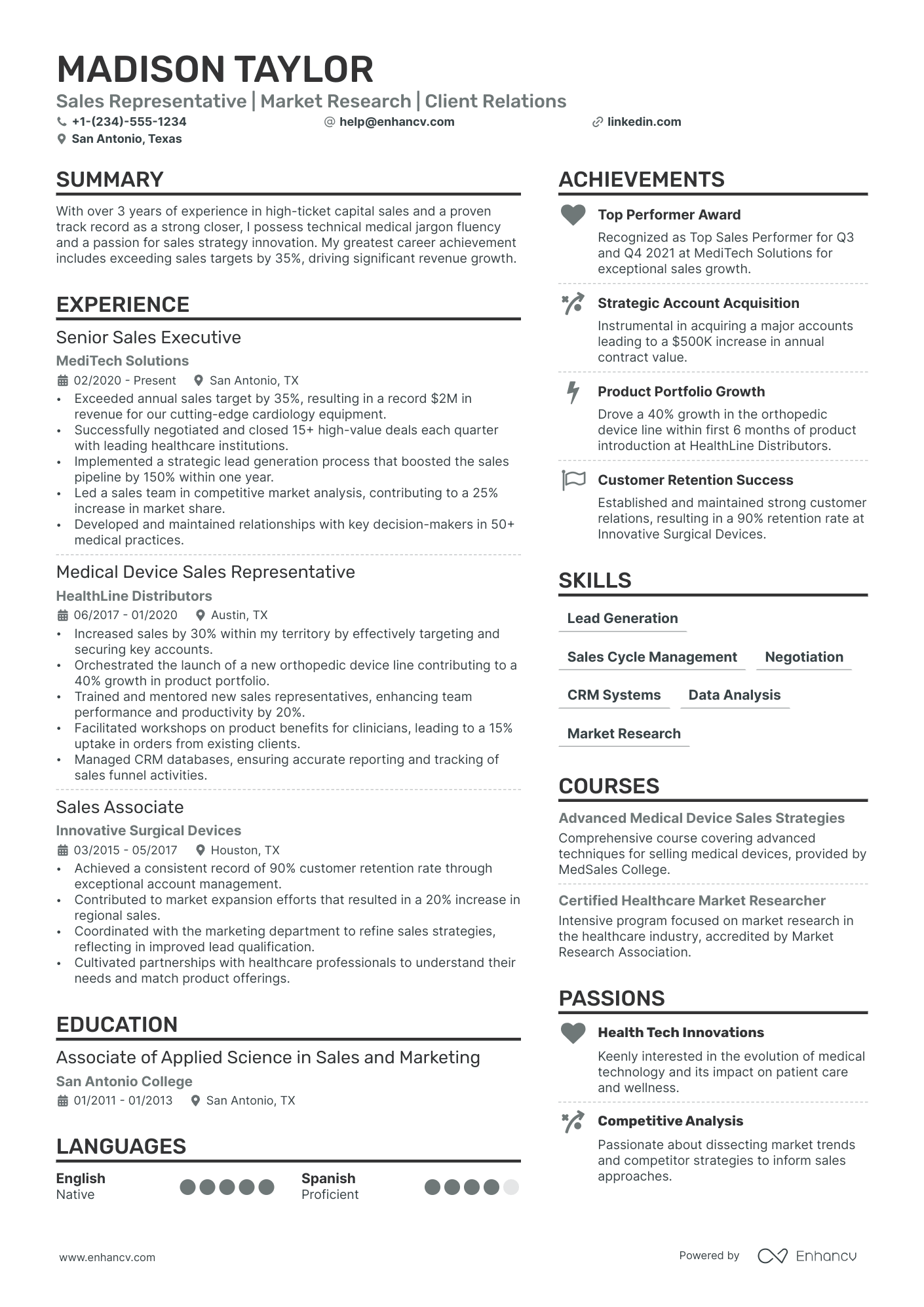 A resume example of a Medical Device Sales Representative