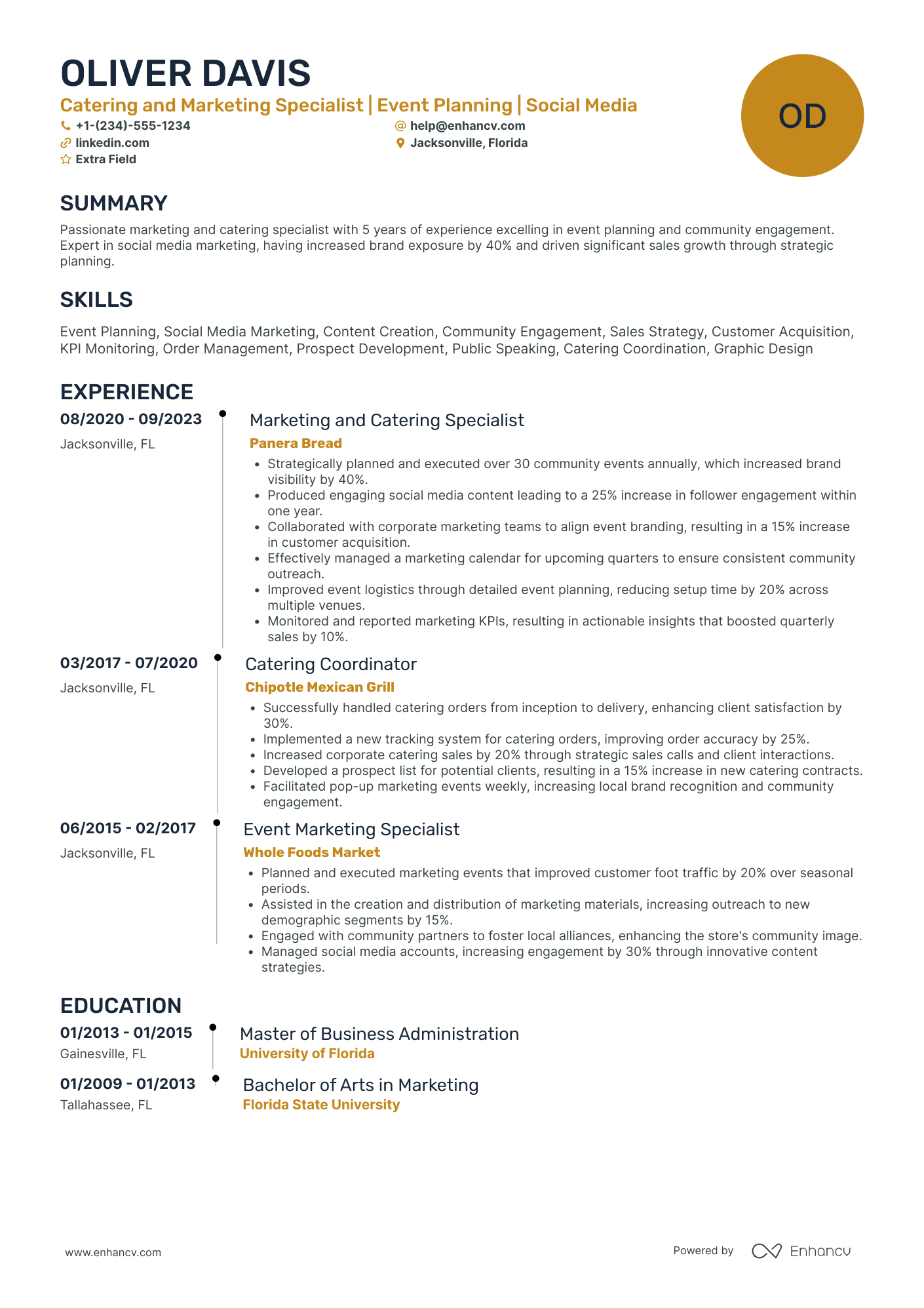 A resume example of a Catering Marketing Specialist