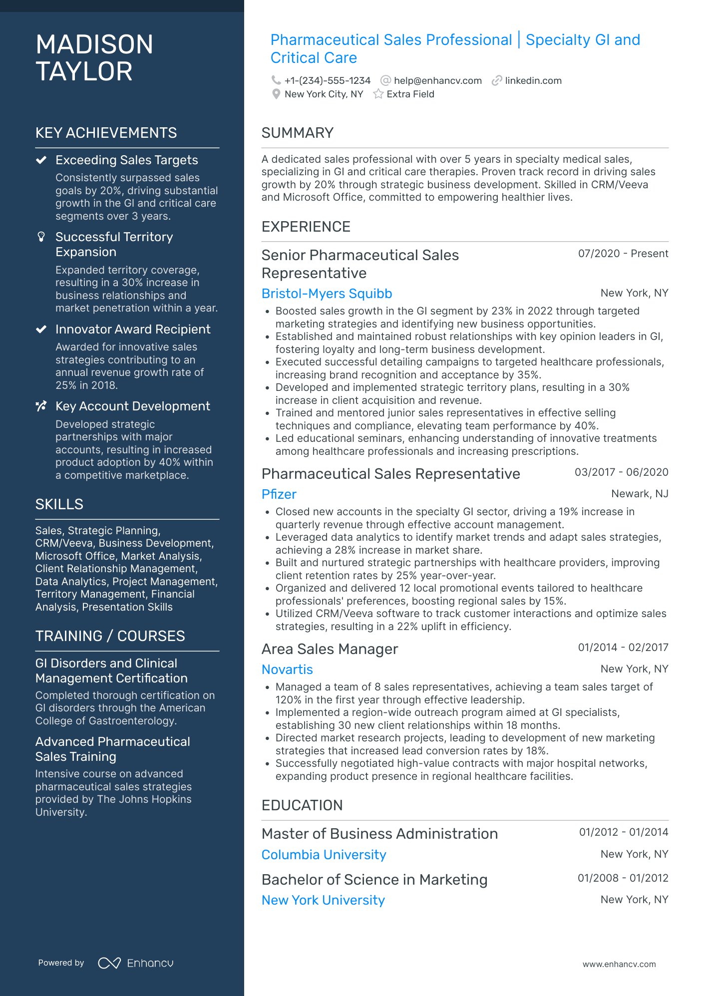 A resume example of a Pharmaceutical Sales Representative