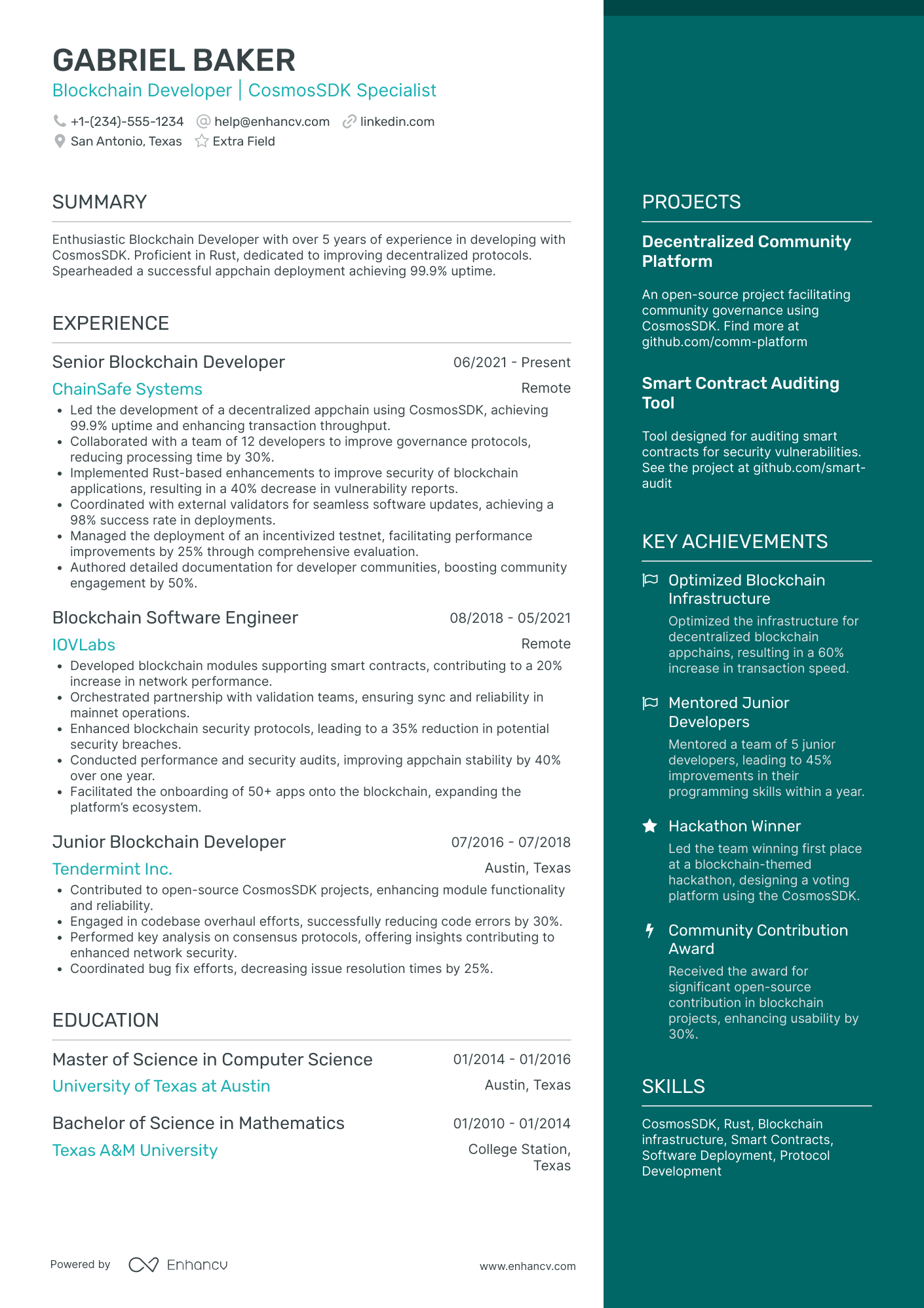 A resume example of a Blockchain Game Developer