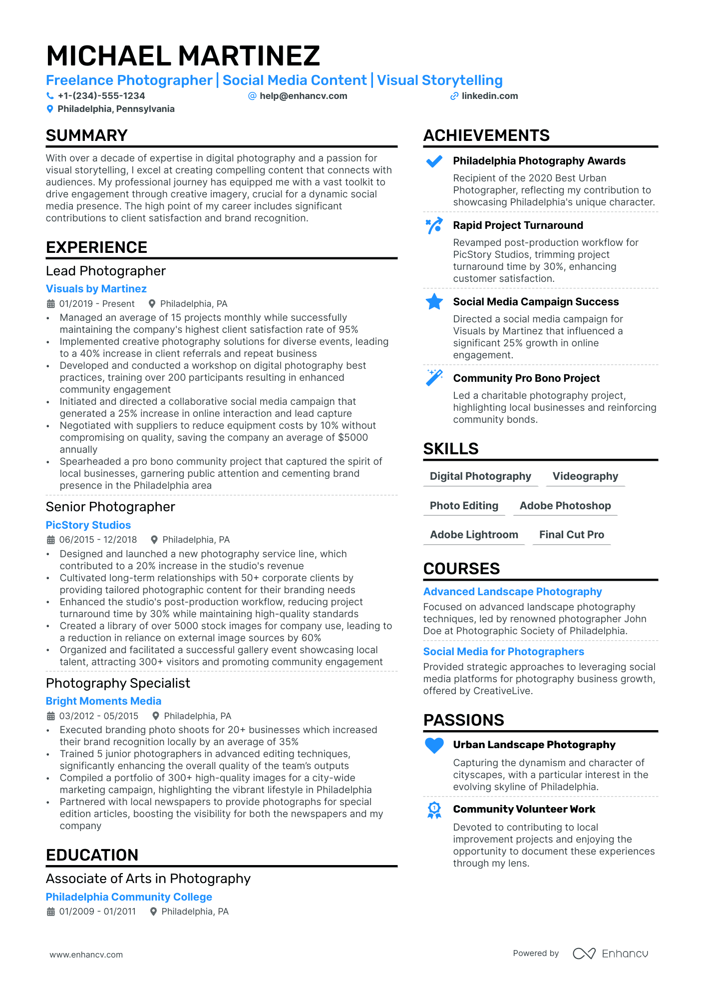 A resume example of a Freelance Photographer