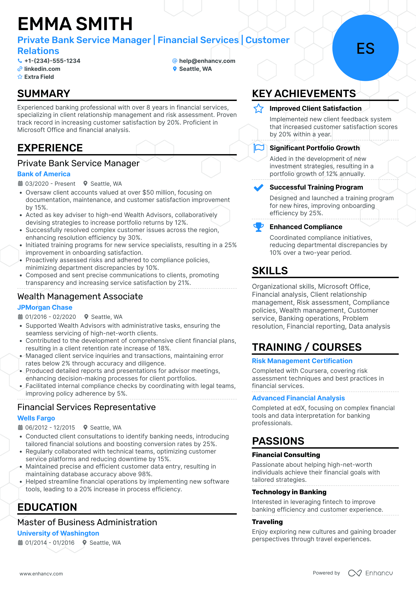 A resume example of a Bank Service Manager