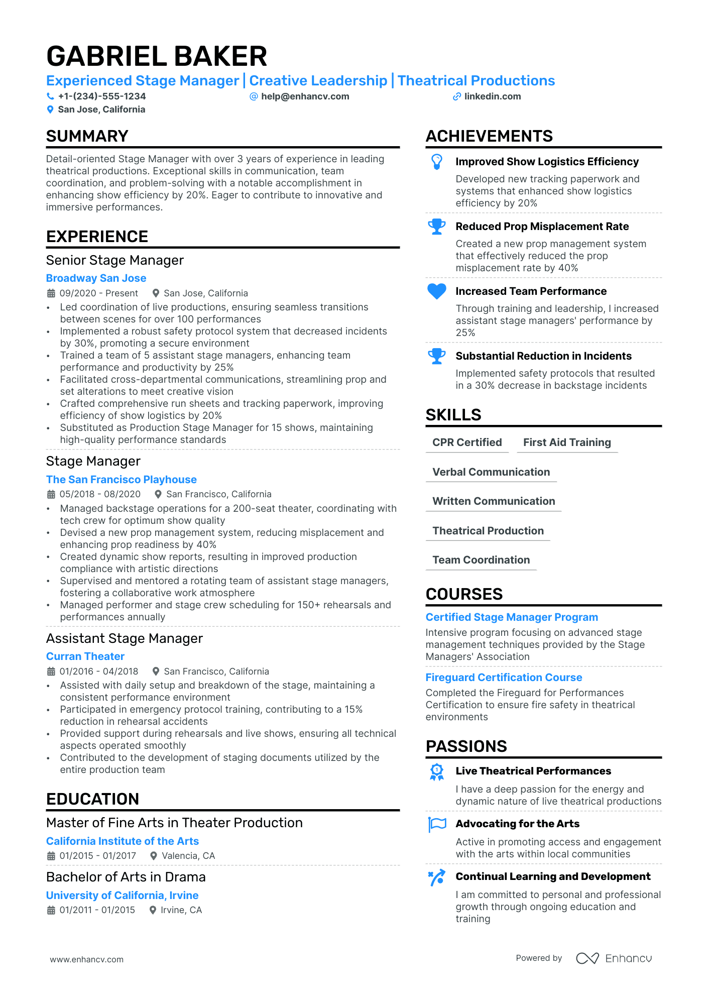 A resume example of a Stage Manager